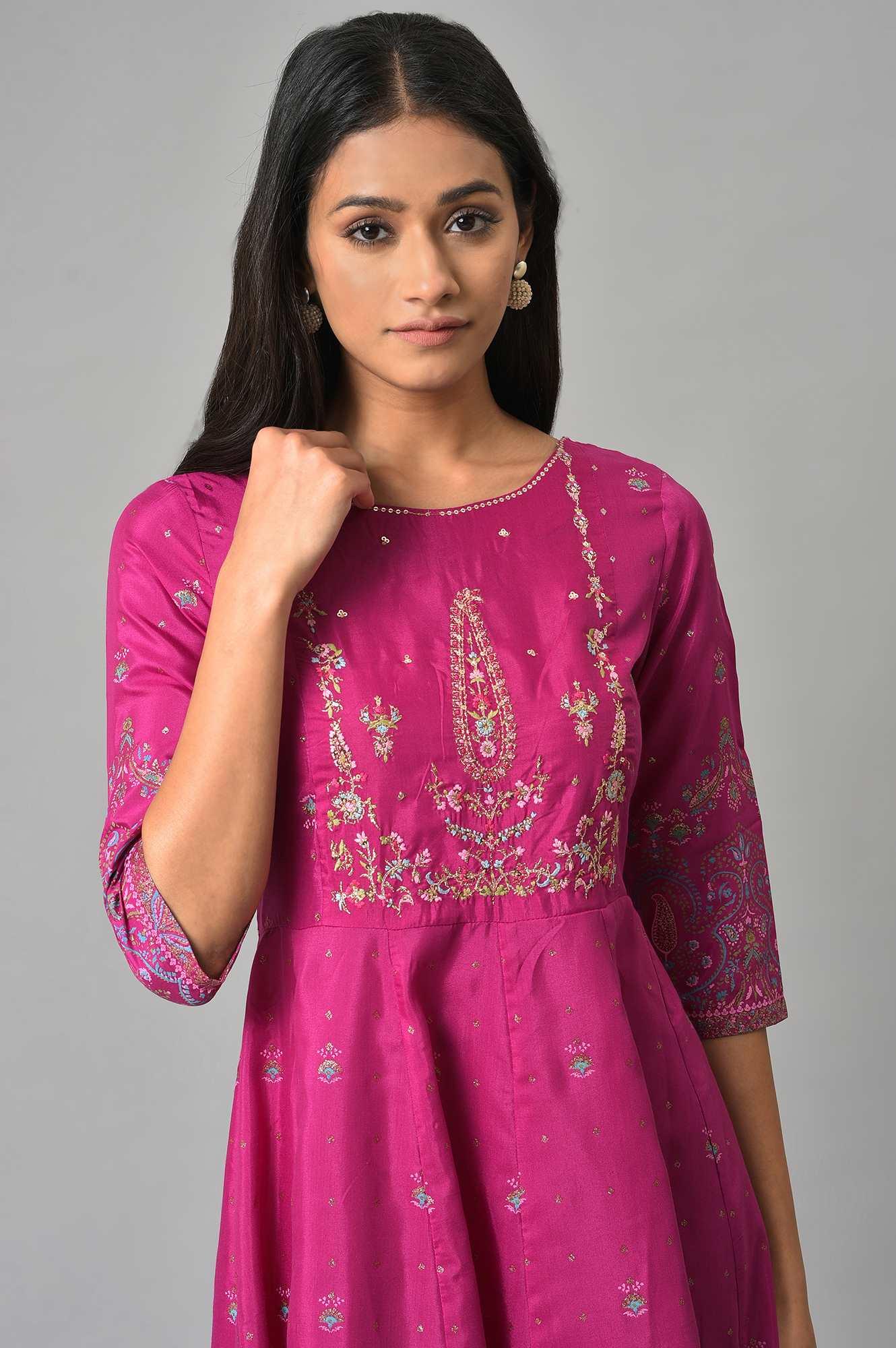 Purple Floral Printed Shantung Dress With Embroidery - Image 6