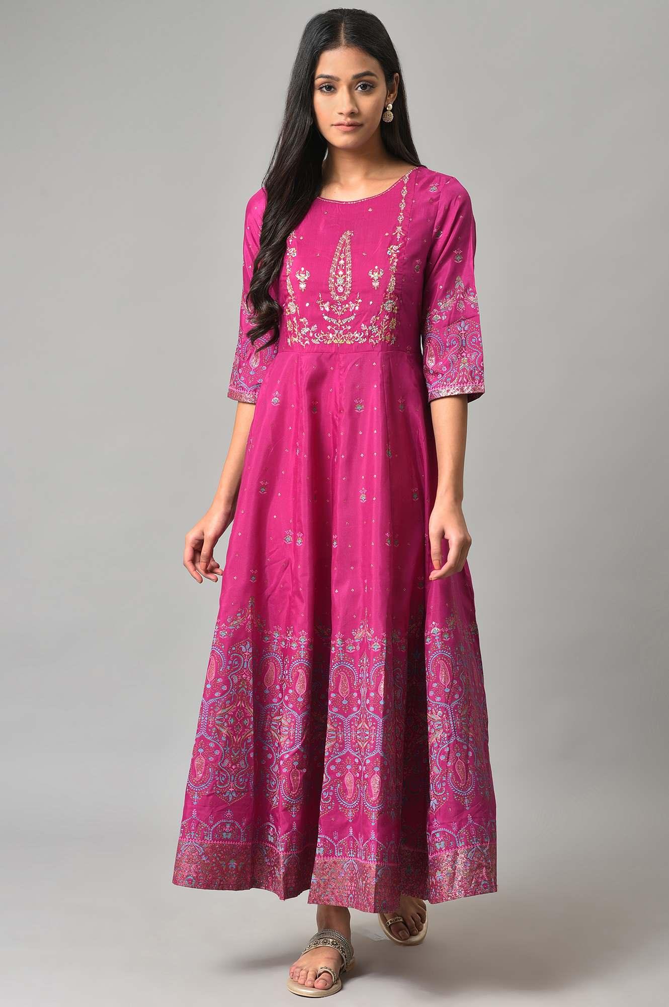 Purple Floral Printed Shantung Dress With Embroidery - Image 7
