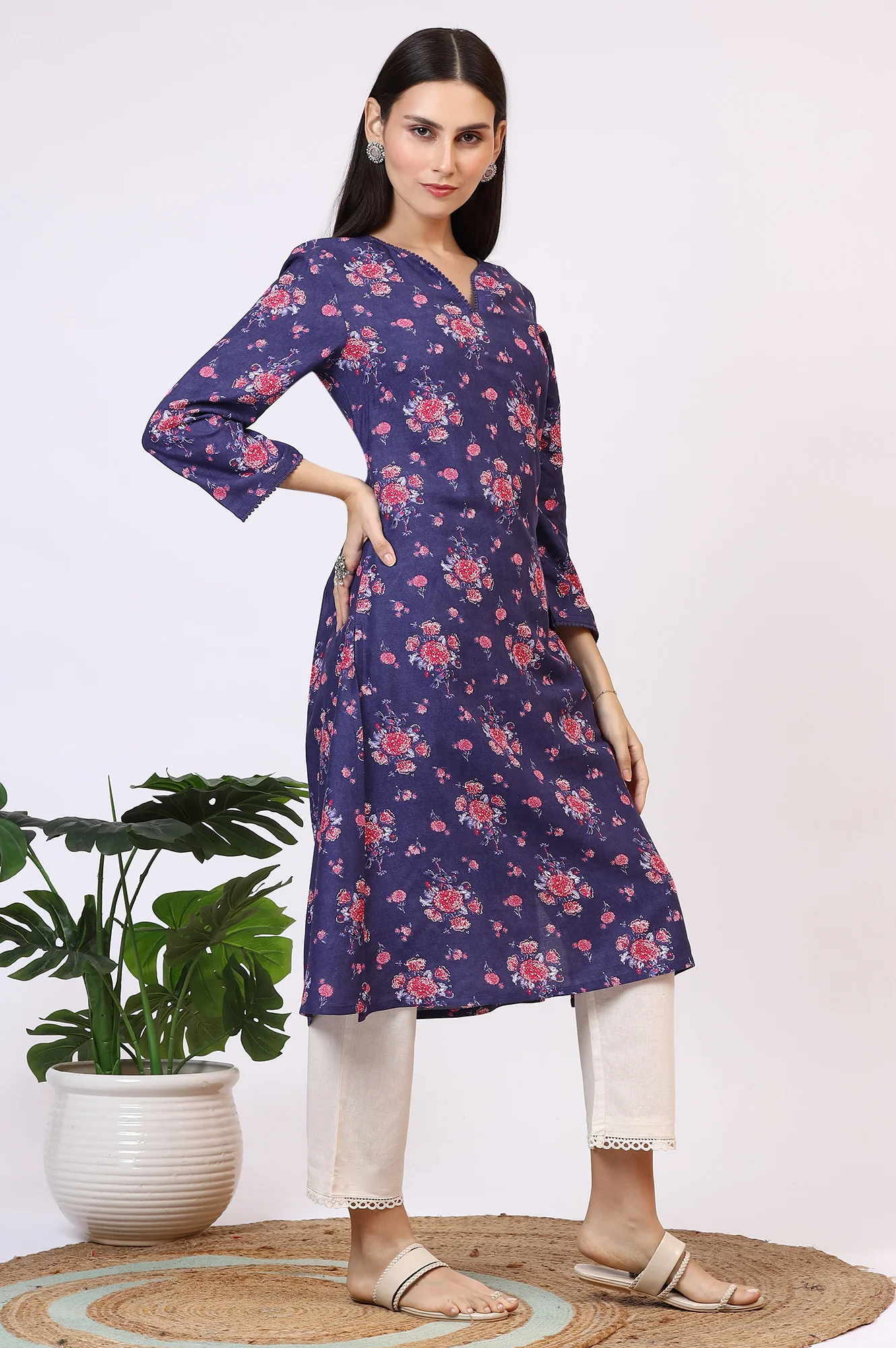 Purple Floral Printed Straight Kurta with Lace - Image 7