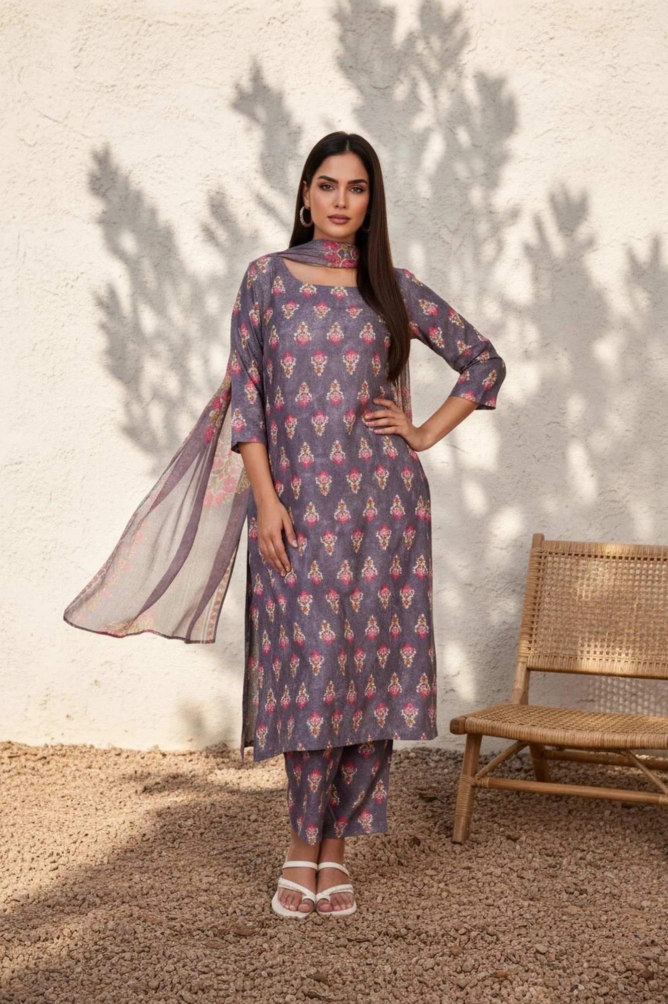 Purple Floral Printed Straight Cotton Kurta with Pant and Dupatta Set - Image 2