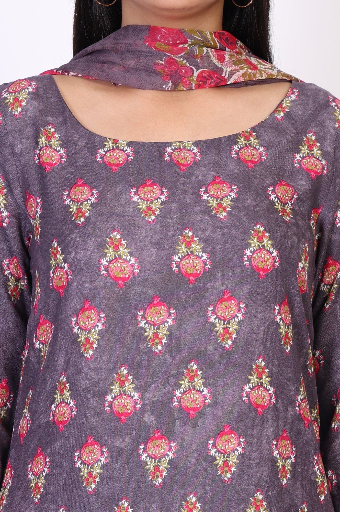 Purple Floral Printed Straight Cotton Kurta with Pant and Dupatta Set - Image 3