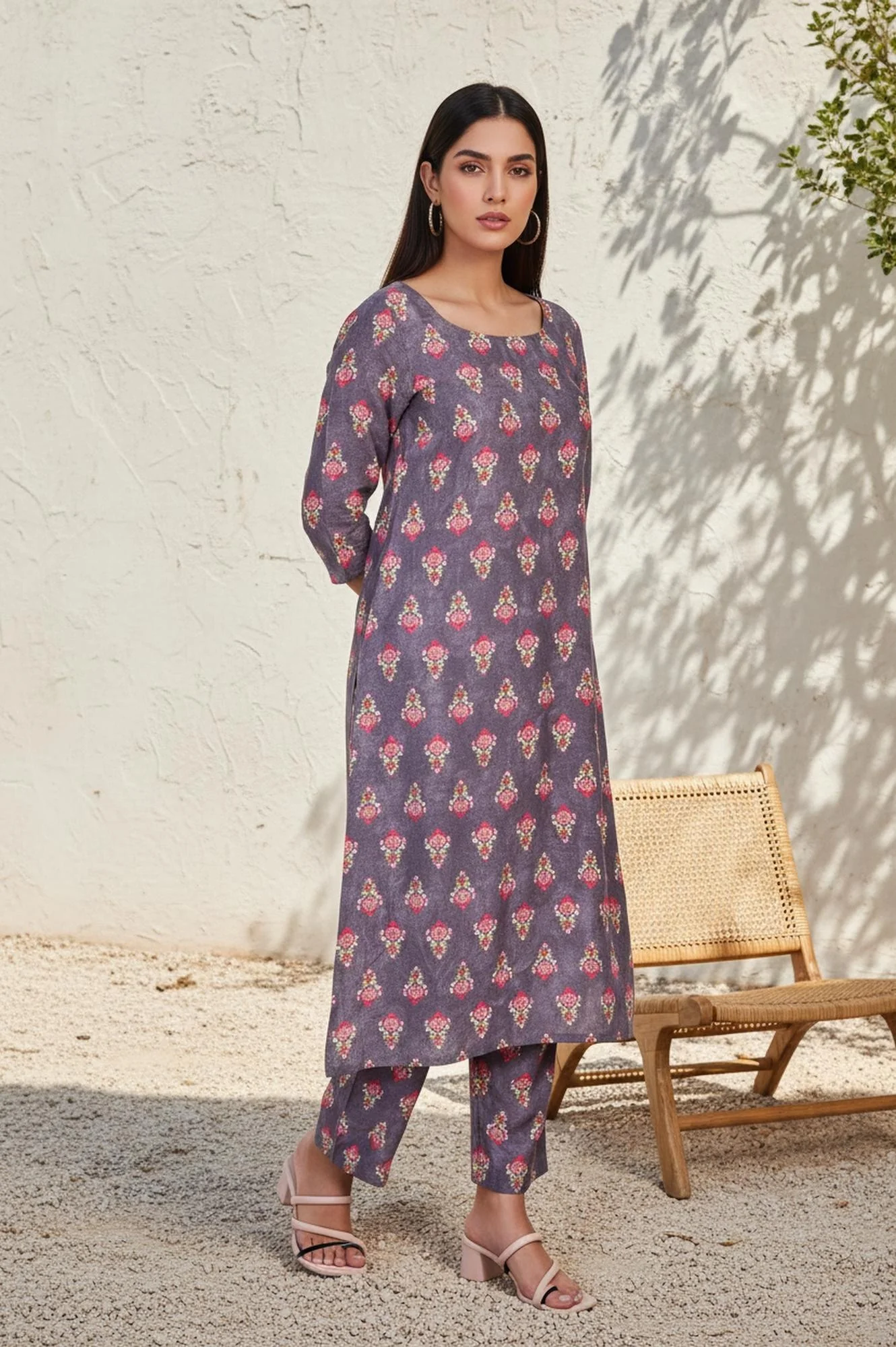 Purple Floral Printed Straight Cotton Kurta with Pant and Dupatta Set - Image 4