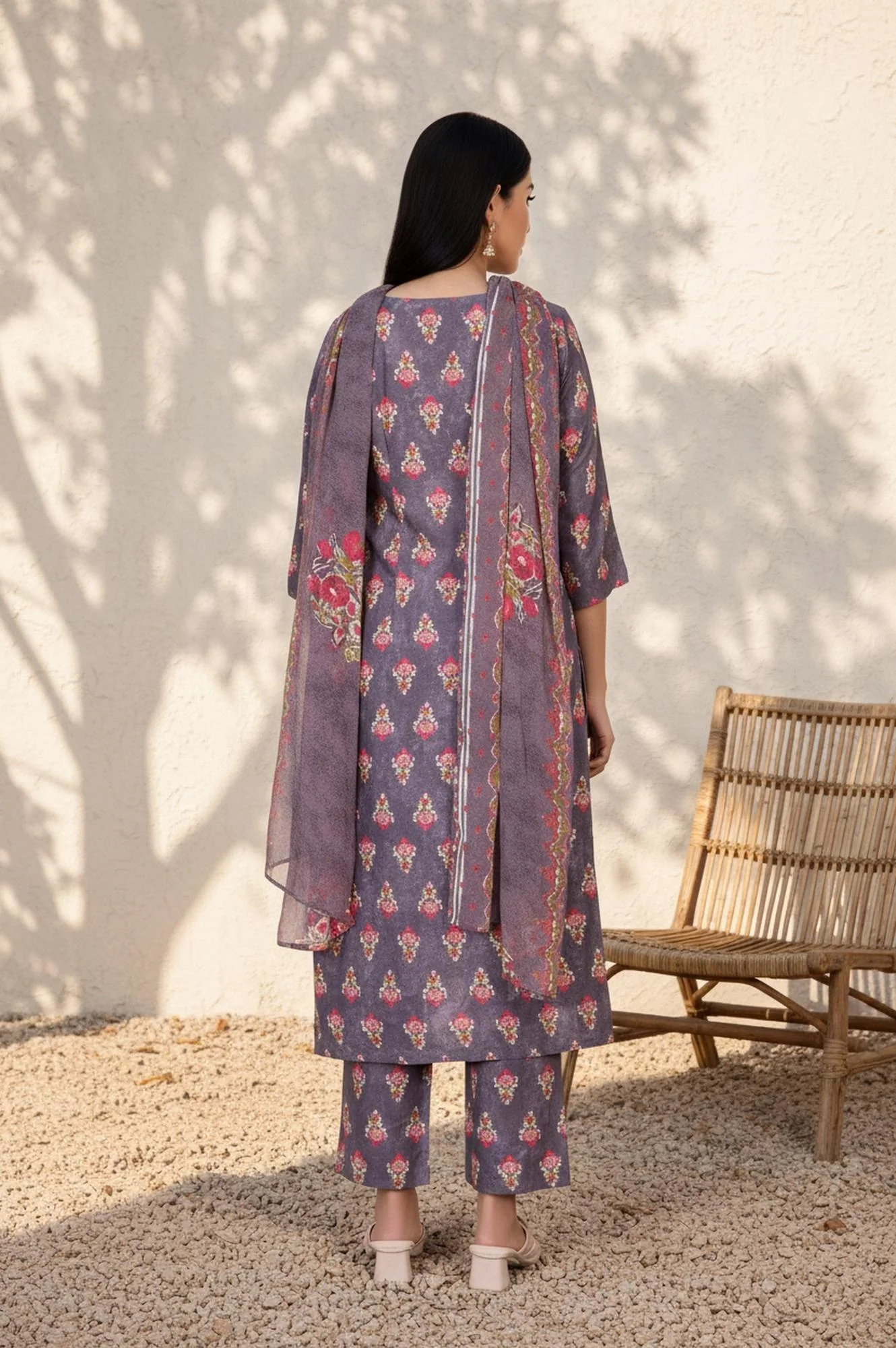 Purple Floral Printed Straight Cotton Kurta with Pant and Dupatta Set - Image 5