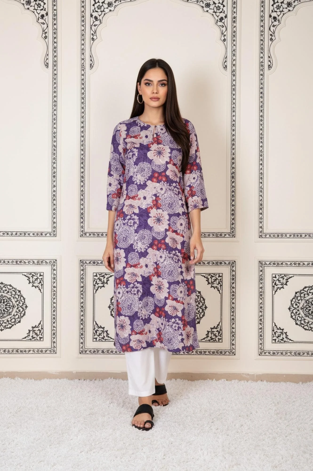 Purple Floral Straight Rayon Kurta - Image 2