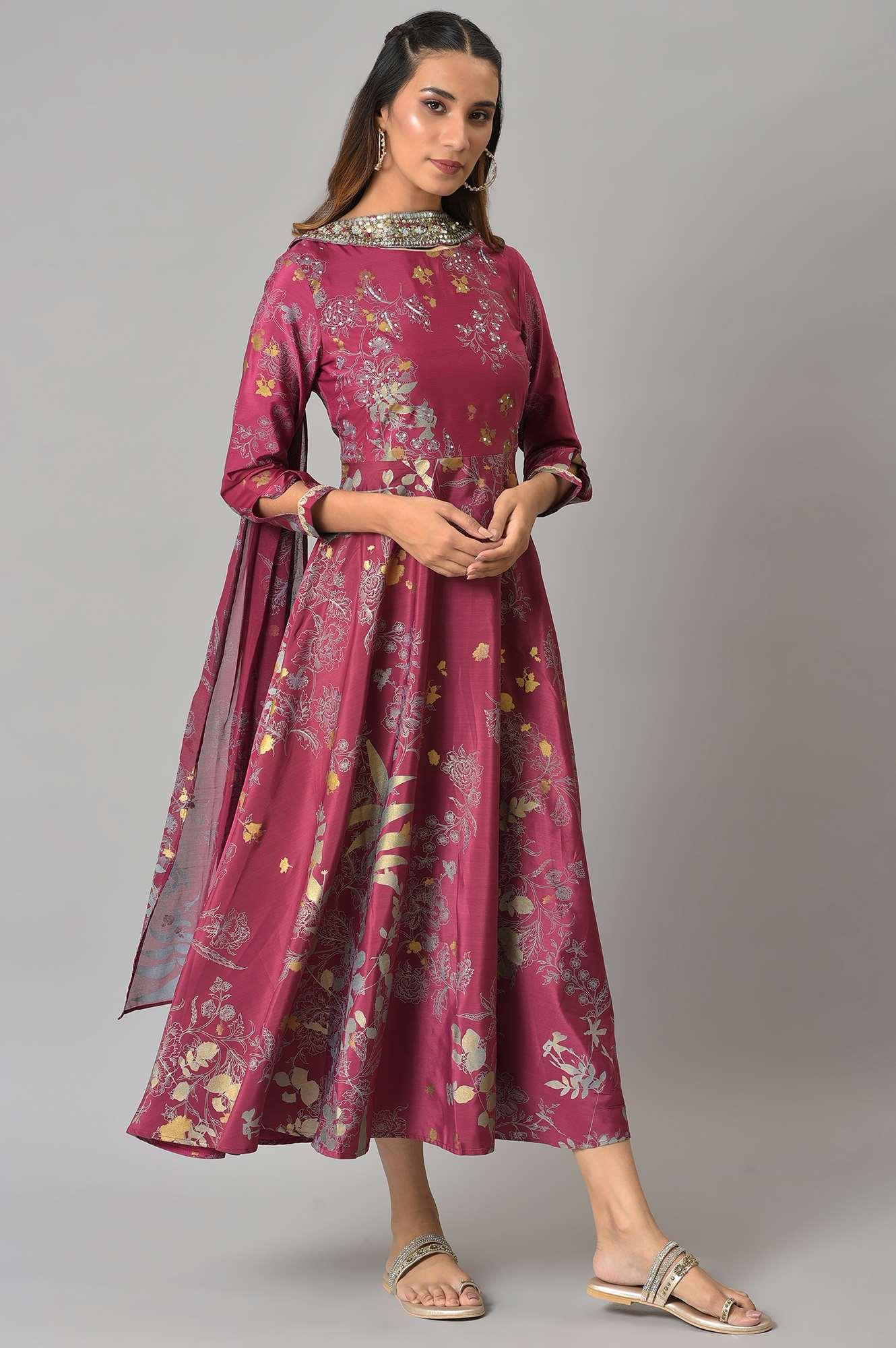 Purple French Crepe Long Dress With Dupatta - Image 4