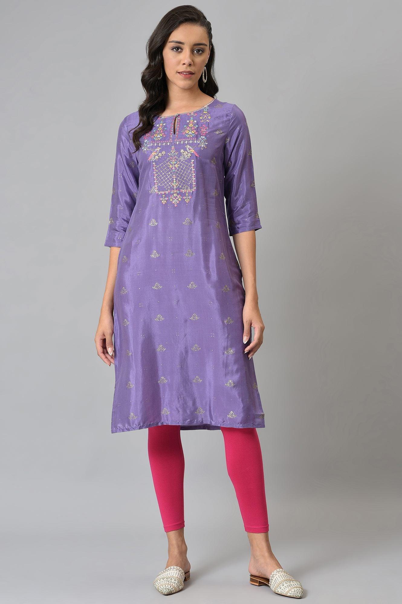 Purple Glitter Print kurta With Embroidery - Image 5