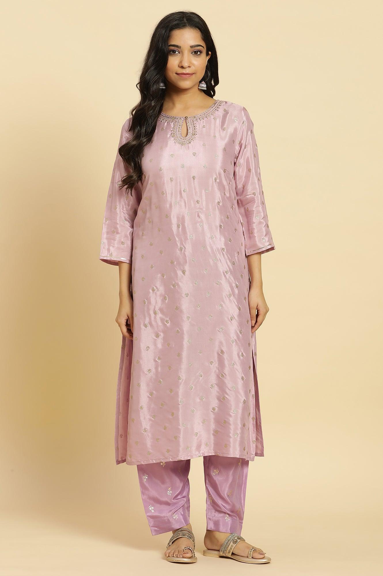 Purple Glitter Printed And Embroidered Kurta - Image 2