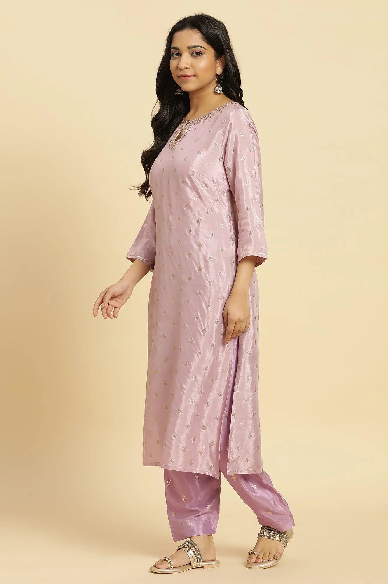 Purple Glitter Printed And Embroidered Kurta - Image 3
