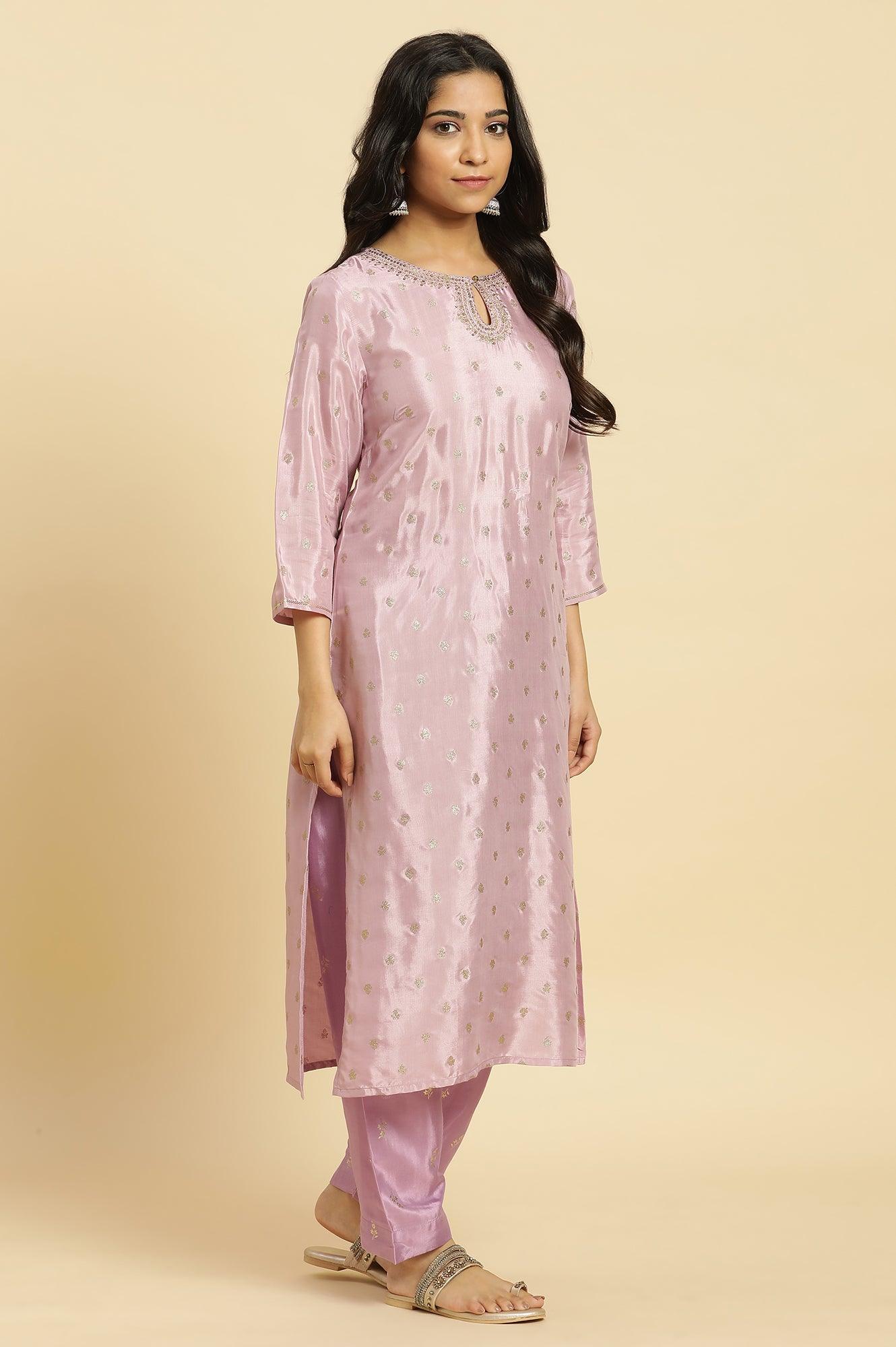 Purple Glitter Printed And Embroidered Kurta - Image 5