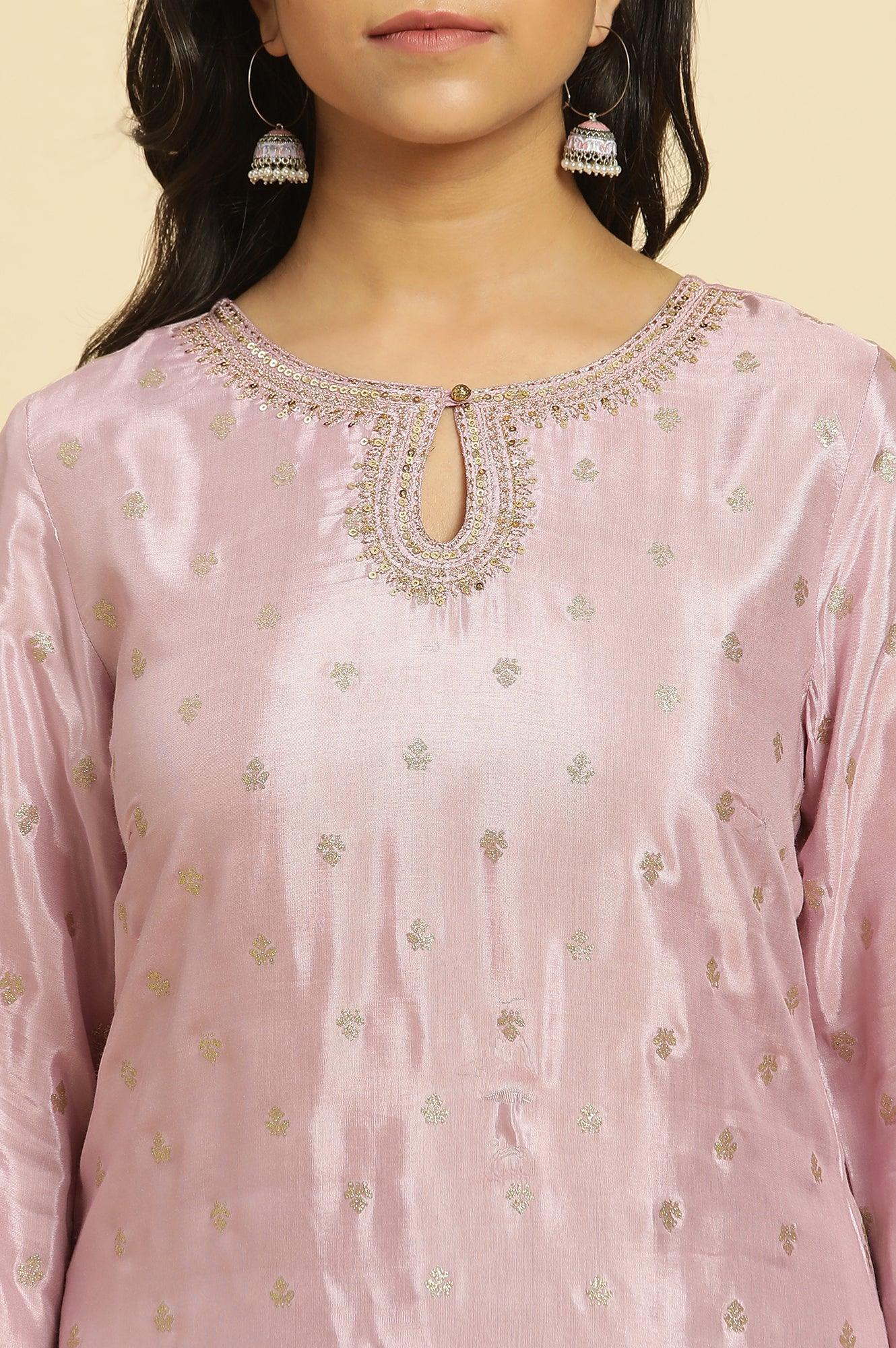 Purple Glitter Printed And Embroidered Kurta - Image 6
