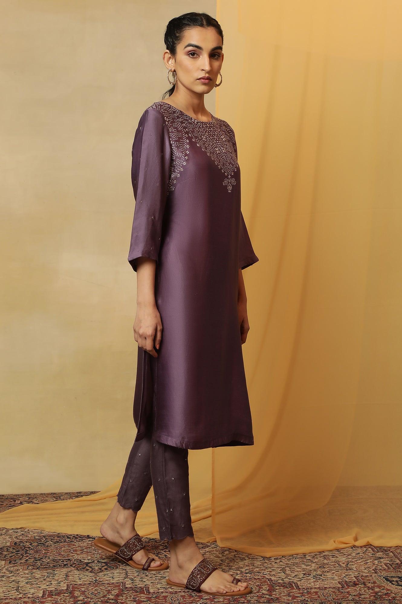 Purple Hand Block Placement Print Kurta - Image 5