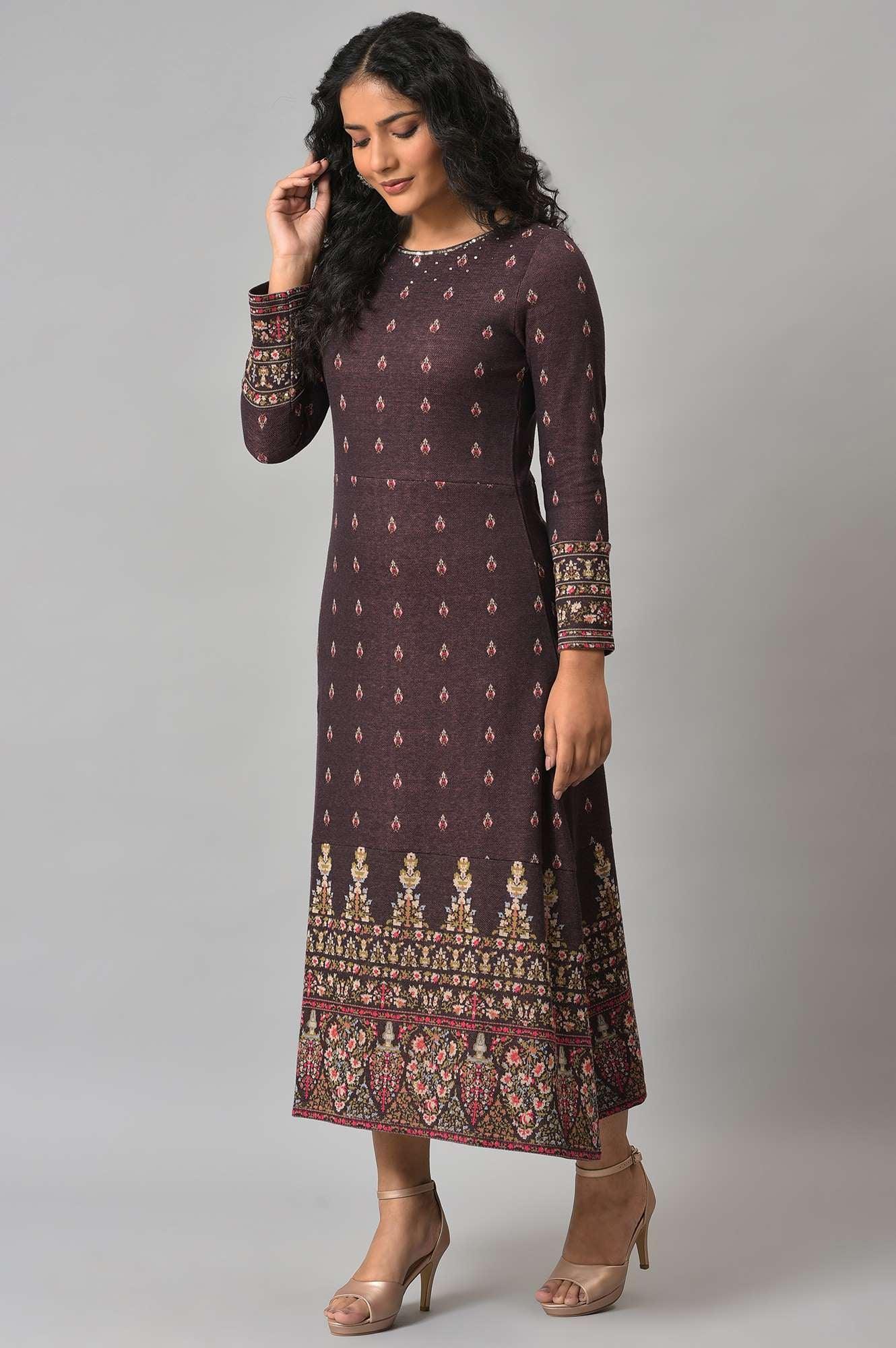 Purple Jacquard Sequin Winter Dress - Image 3