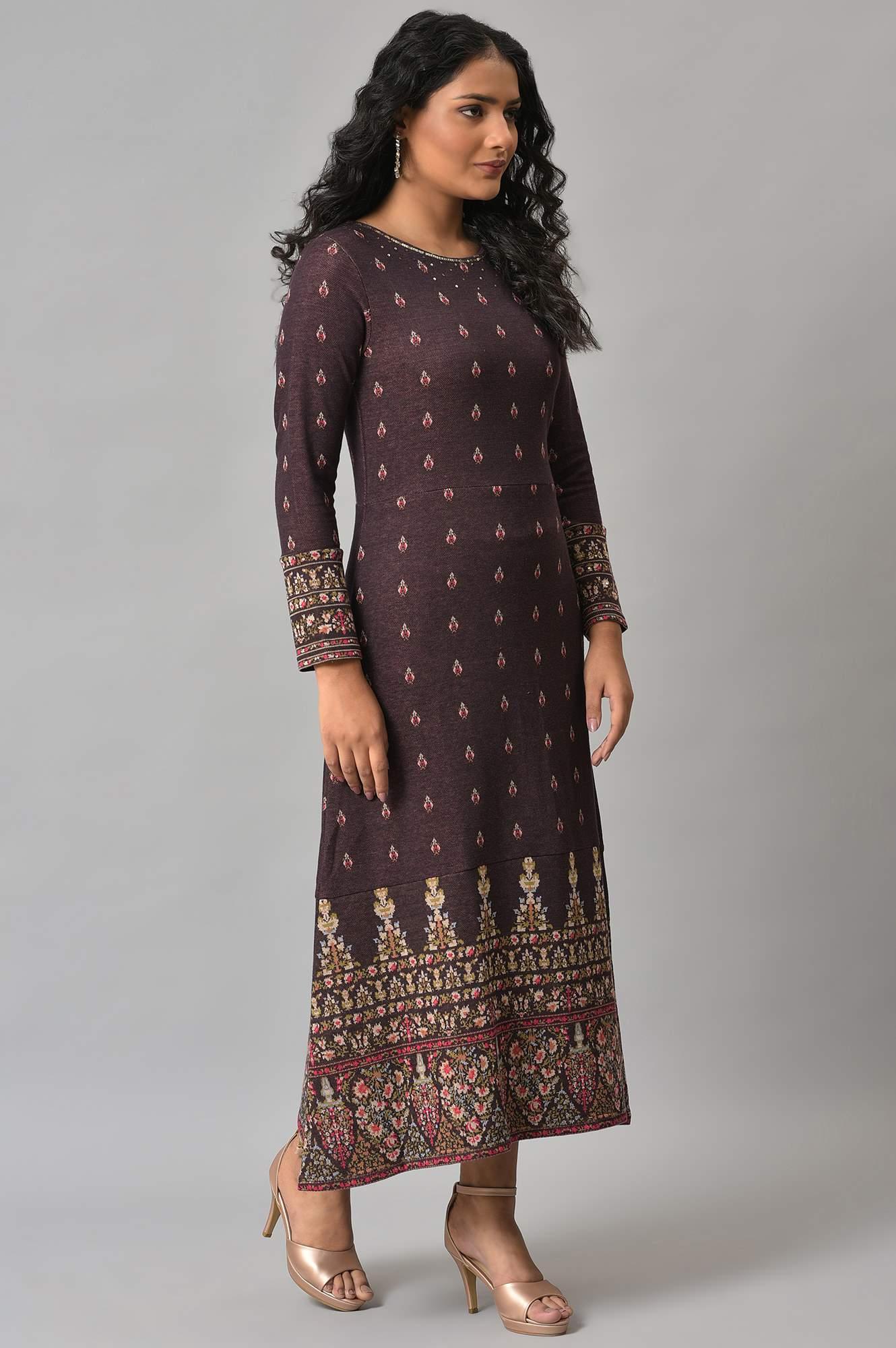 Purple Jacquard Sequin Winter Dress - Image 4