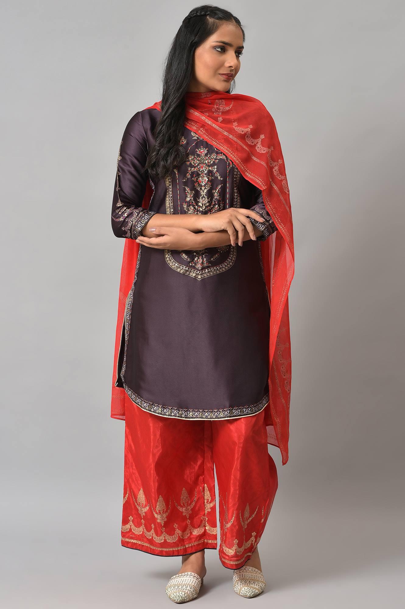 Purple Japanese Satin Short kurta With Red Parallel Pants And Dupatta - Image 10