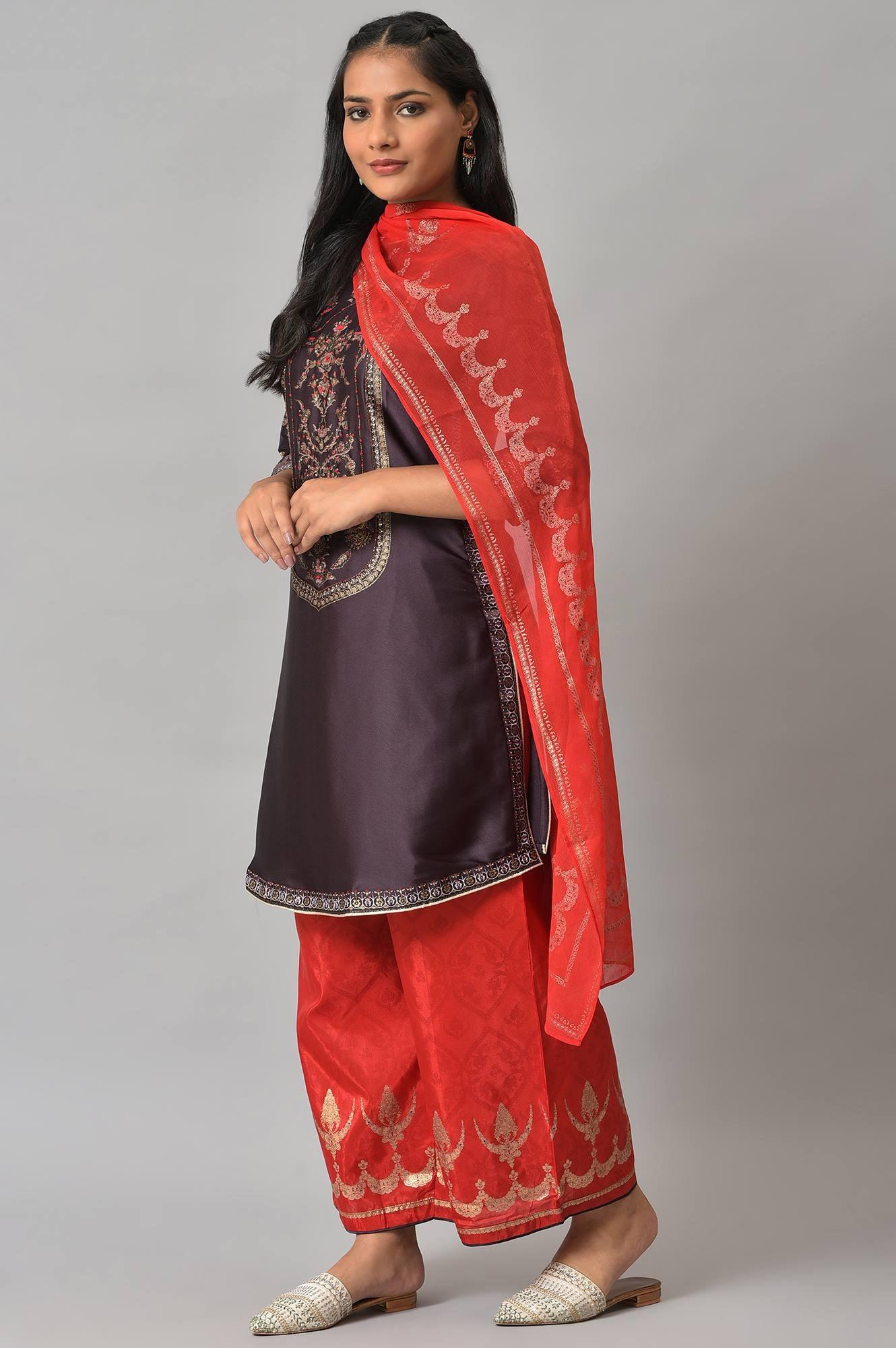 Purple Japanese Satin Short kurta With Red Parallel Pants And Dupatta - Image 3