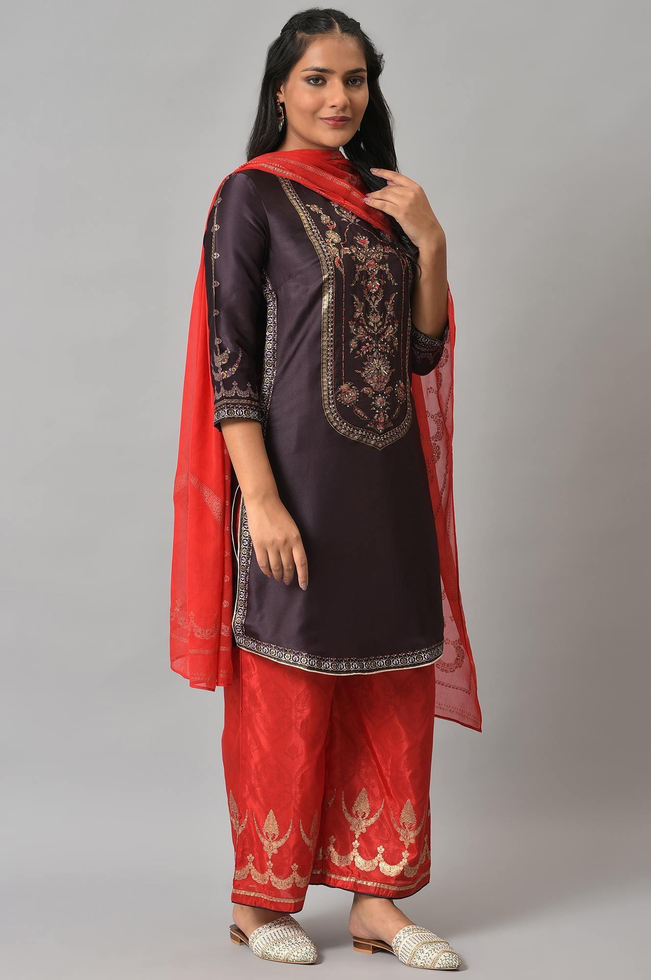 Purple Japanese Satin Short kurta With Red Parallel Pants And Dupatta - Image 4
