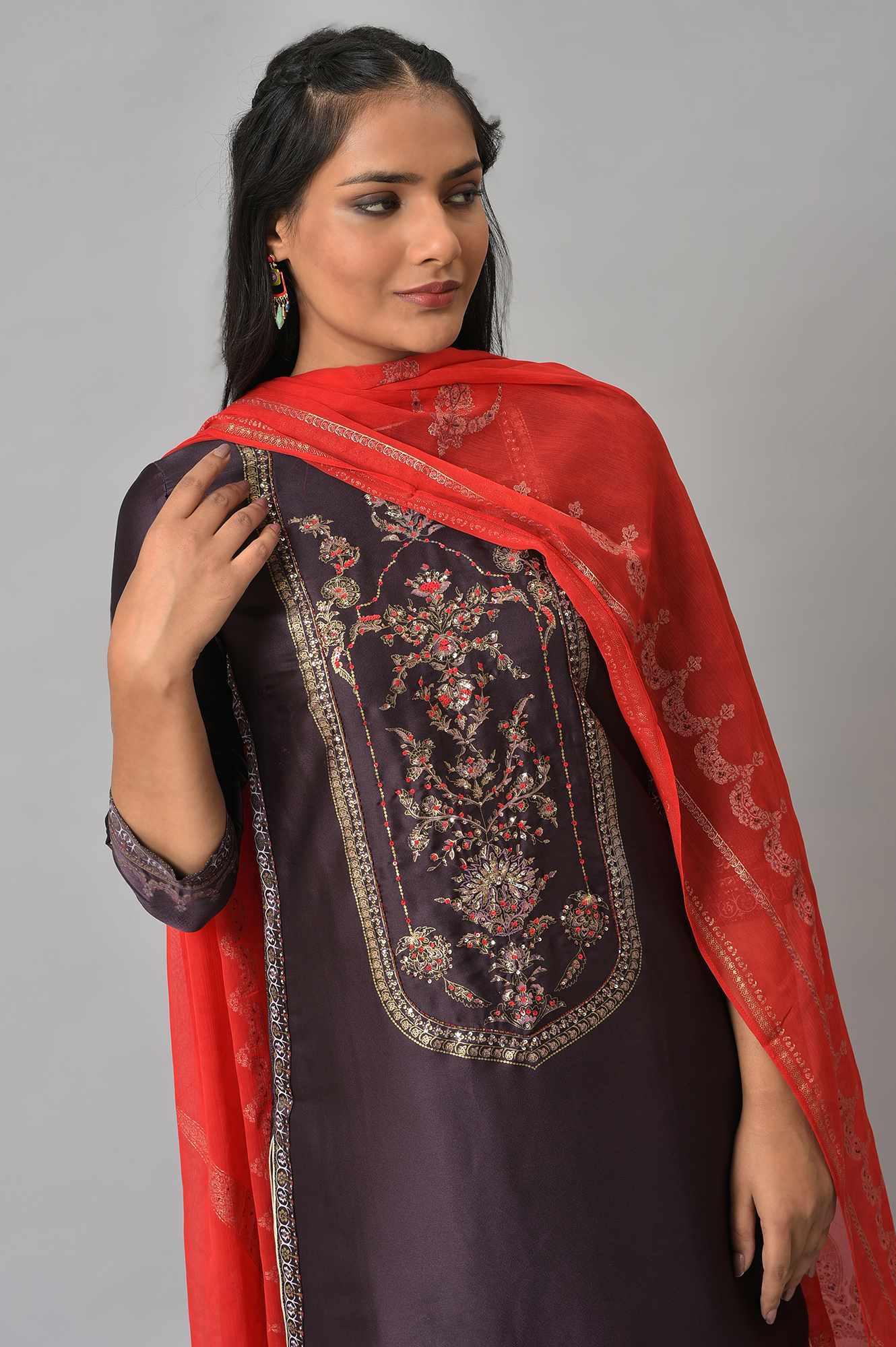 Purple Japanese Satin Short kurta With Red Parallel Pants And Dupatta - Image 5