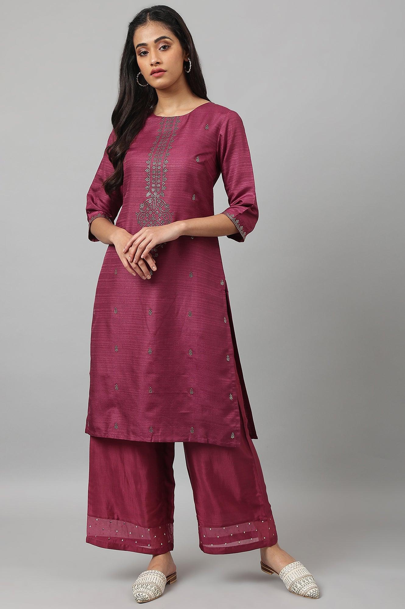 Purple Mukaish Printed Karnataka Silk Straight Kurta