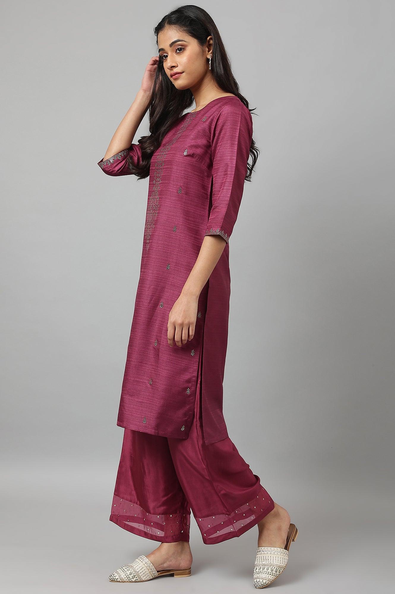 Purple Mukaish Printed Karnataka Silk Straight Kurta - Image 3