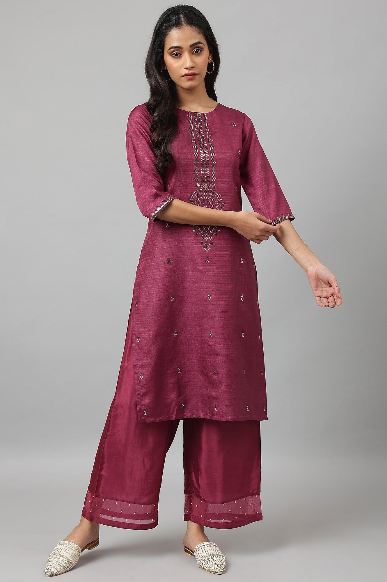 Purple Mukaish Printed Karnataka Silk Straight Kurta - Image 5