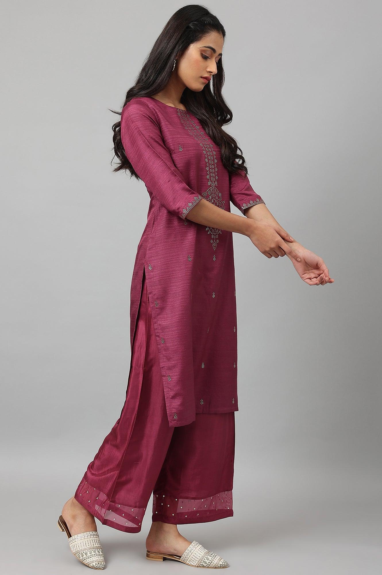 Purple Mukaish Printed Karnataka Silk Straight Kurta - Image 6