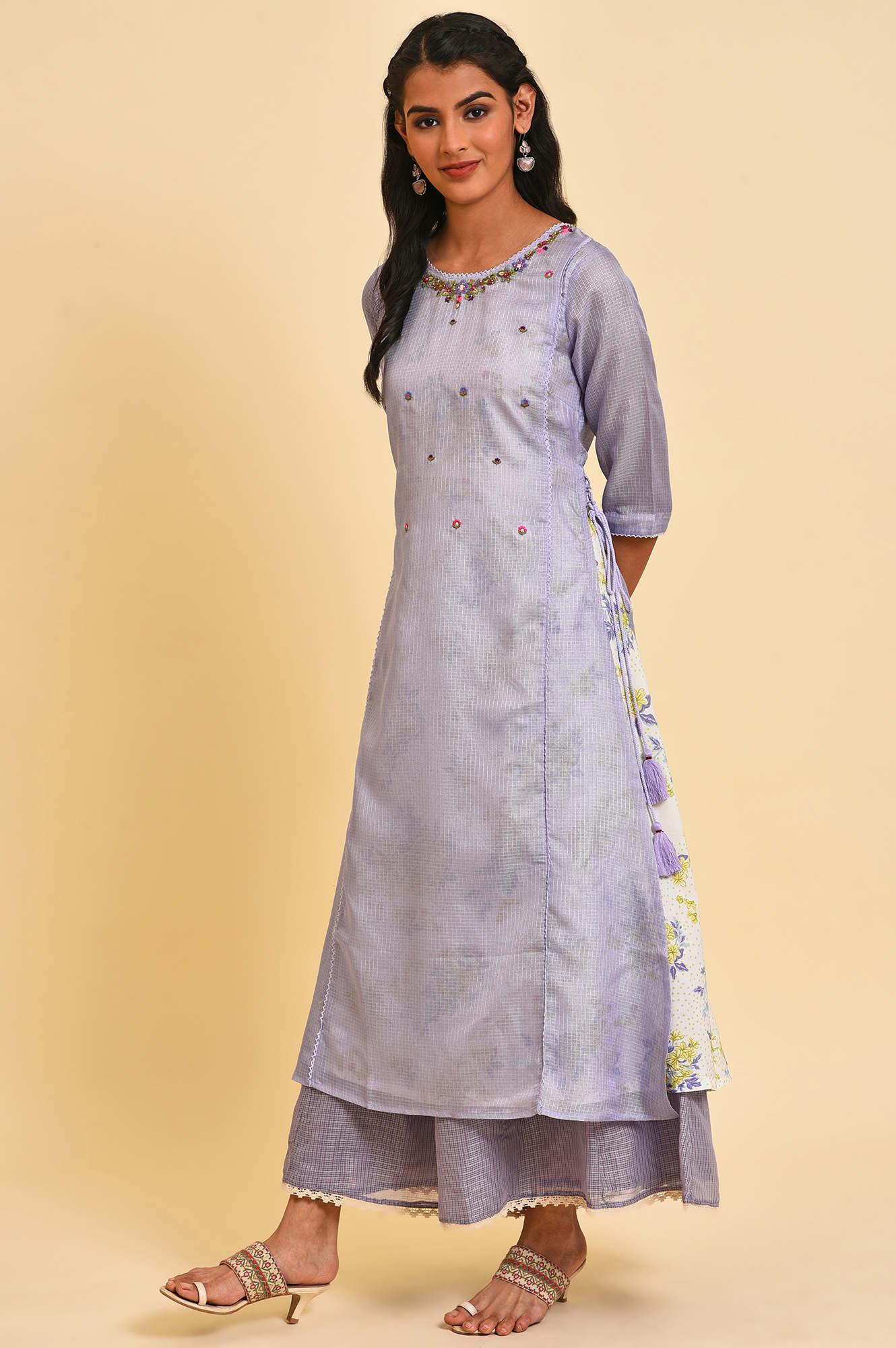 Purple Kota Layered Printed kurta - Image 3