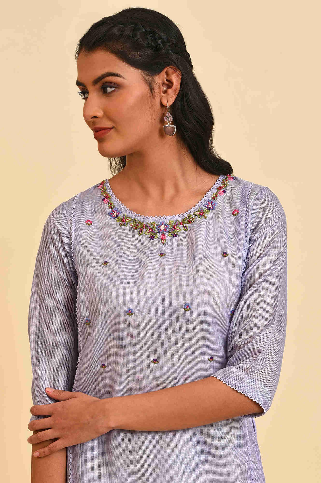 Purple Kota Layered Printed Plus Size kurta - Image 5