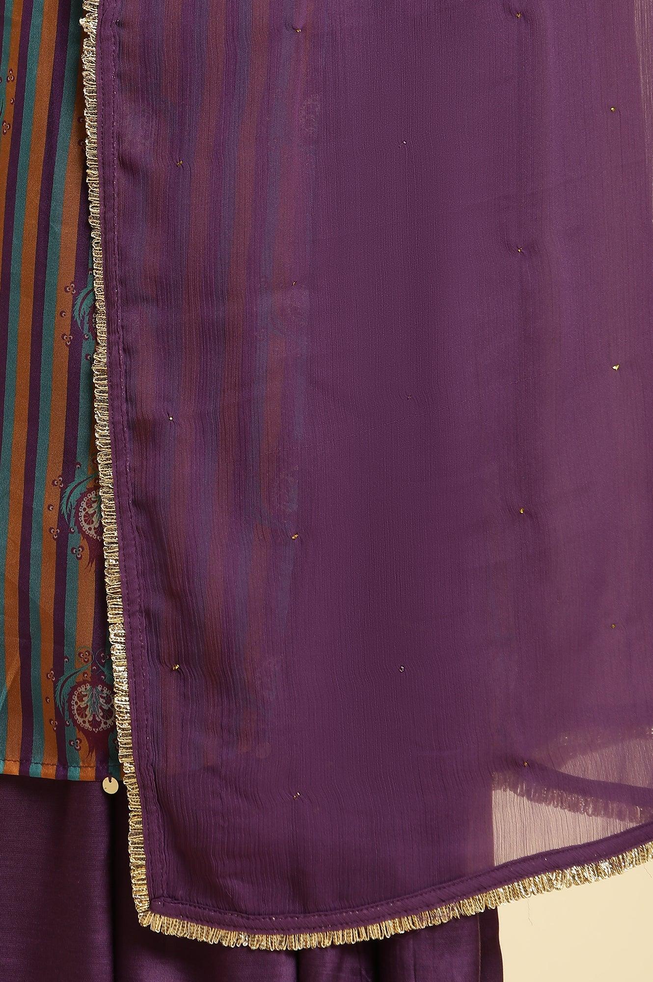 Purple Layered Suzani Printed Kurta, Tights and Dupatta Set - Image 10