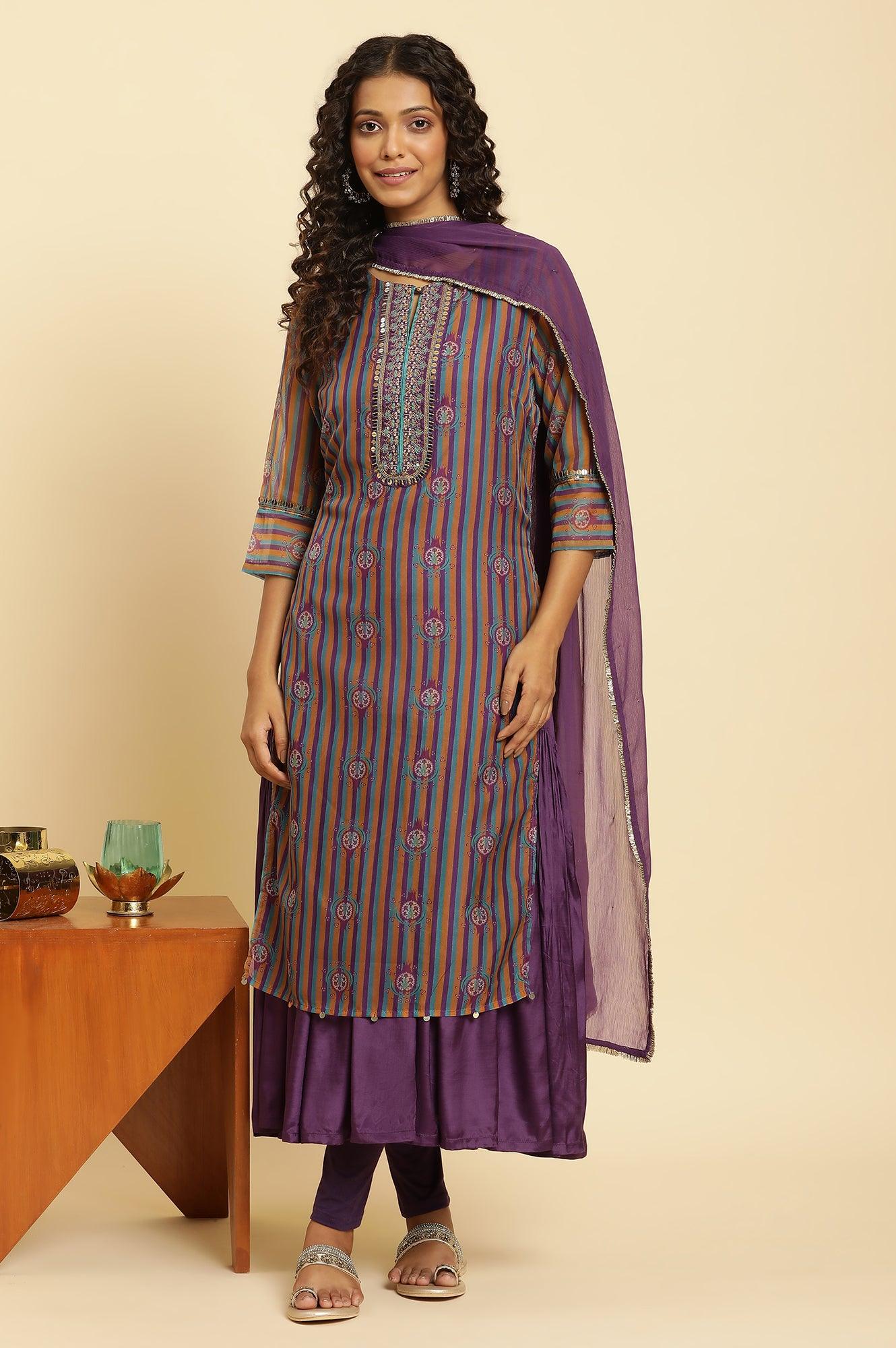 Purple Layered Suzani Printed Kurta, Tights and Dupatta Set - Image 3