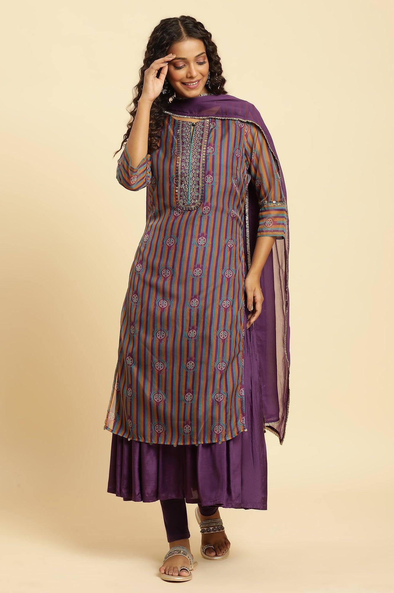 Purple Layered Suzani Printed Kurta, Tights and Dupatta Set - Image 4