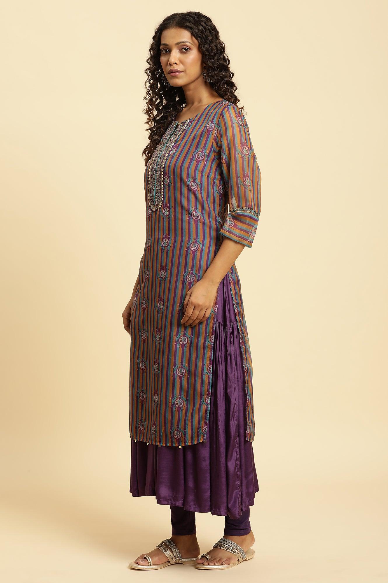 Purple Layered Suzani Printed Kurta, Tights and Dupatta Set - Image 5