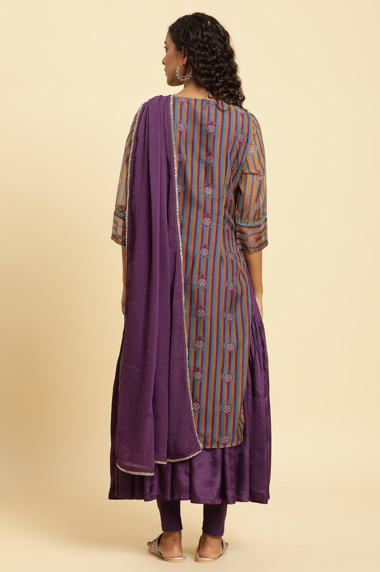 Purple Layered Suzani Printed Kurta, Tights and Dupatta Set - Image 6