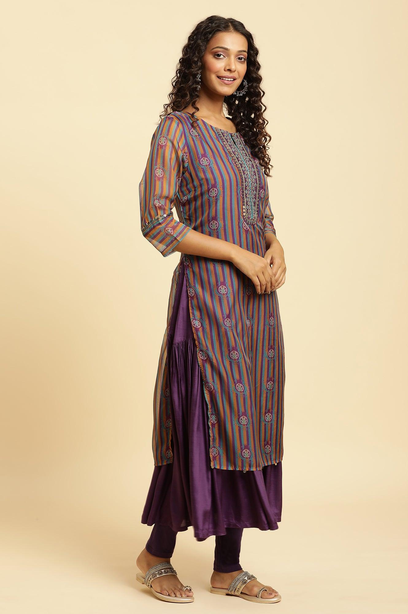 Purple Layered Suzani Printed Kurta, Tights and Dupatta Set - Image 7