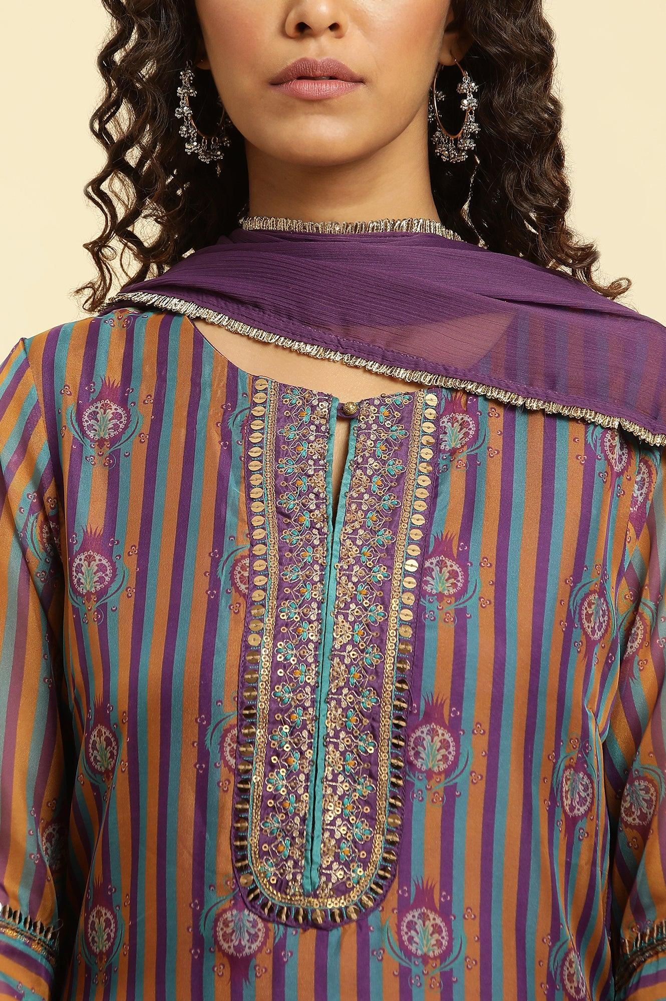 Purple Layered Suzani Printed Kurta, Tights and Dupatta Set - Image 8