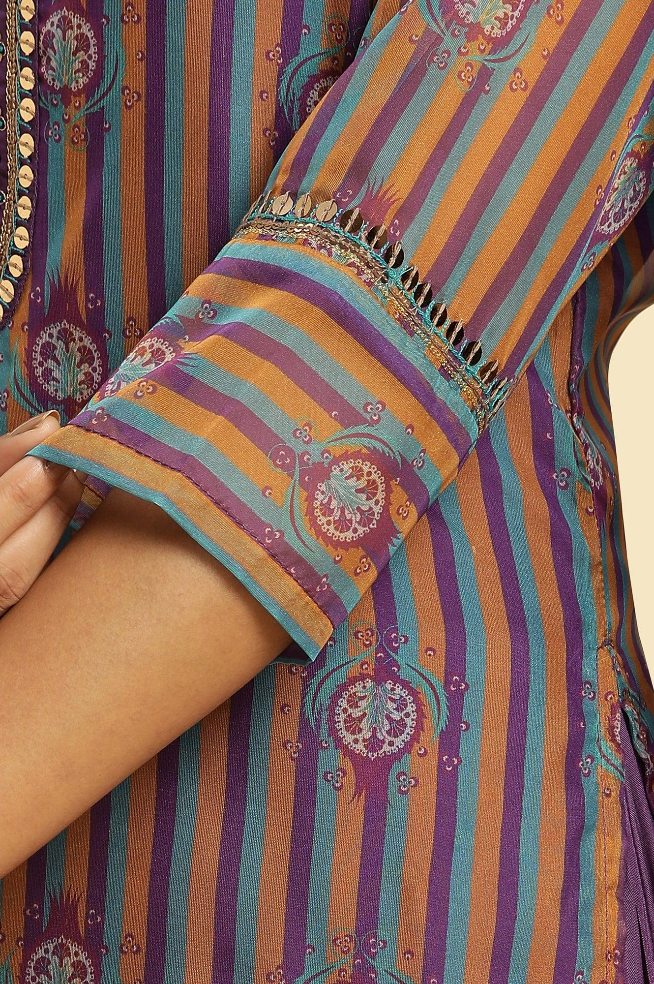 Purple Layered Suzani Printed Kurta, Tights and Dupatta Set - Image 9
