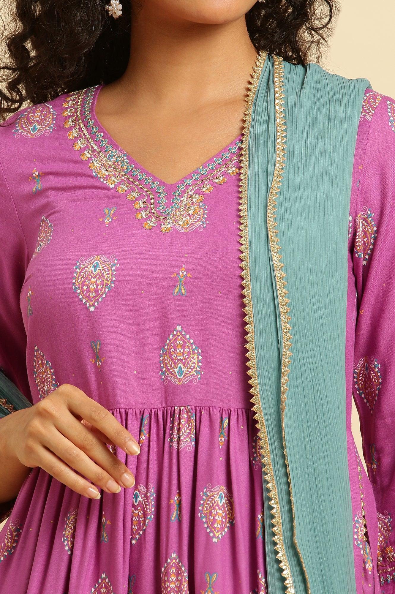 Purple Paisley Printed Kurta, Pants and Dupatta Set - Image 6
