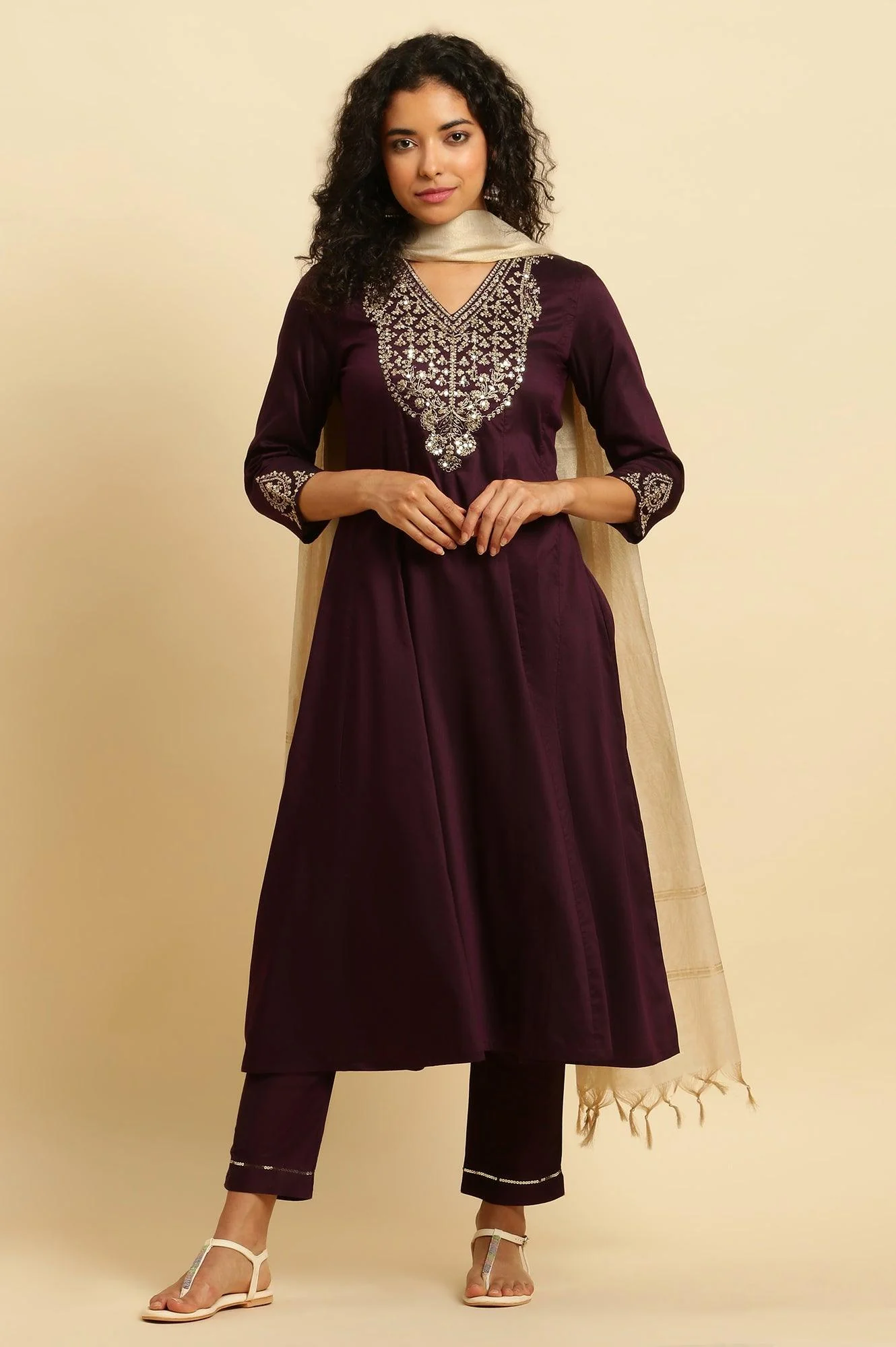 Purple Panelled Embroidered Kurta, Slim Pants And Dupatta Set - Image 3