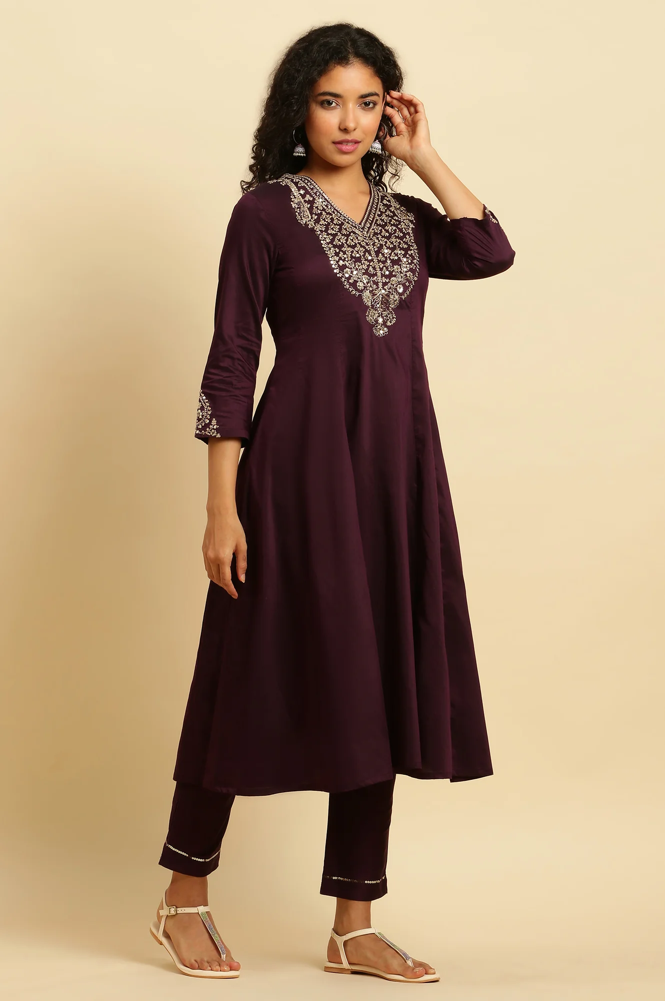 Purple Panelled Embroidered Kurta, Slim Pants And Dupatta Set - Image 2