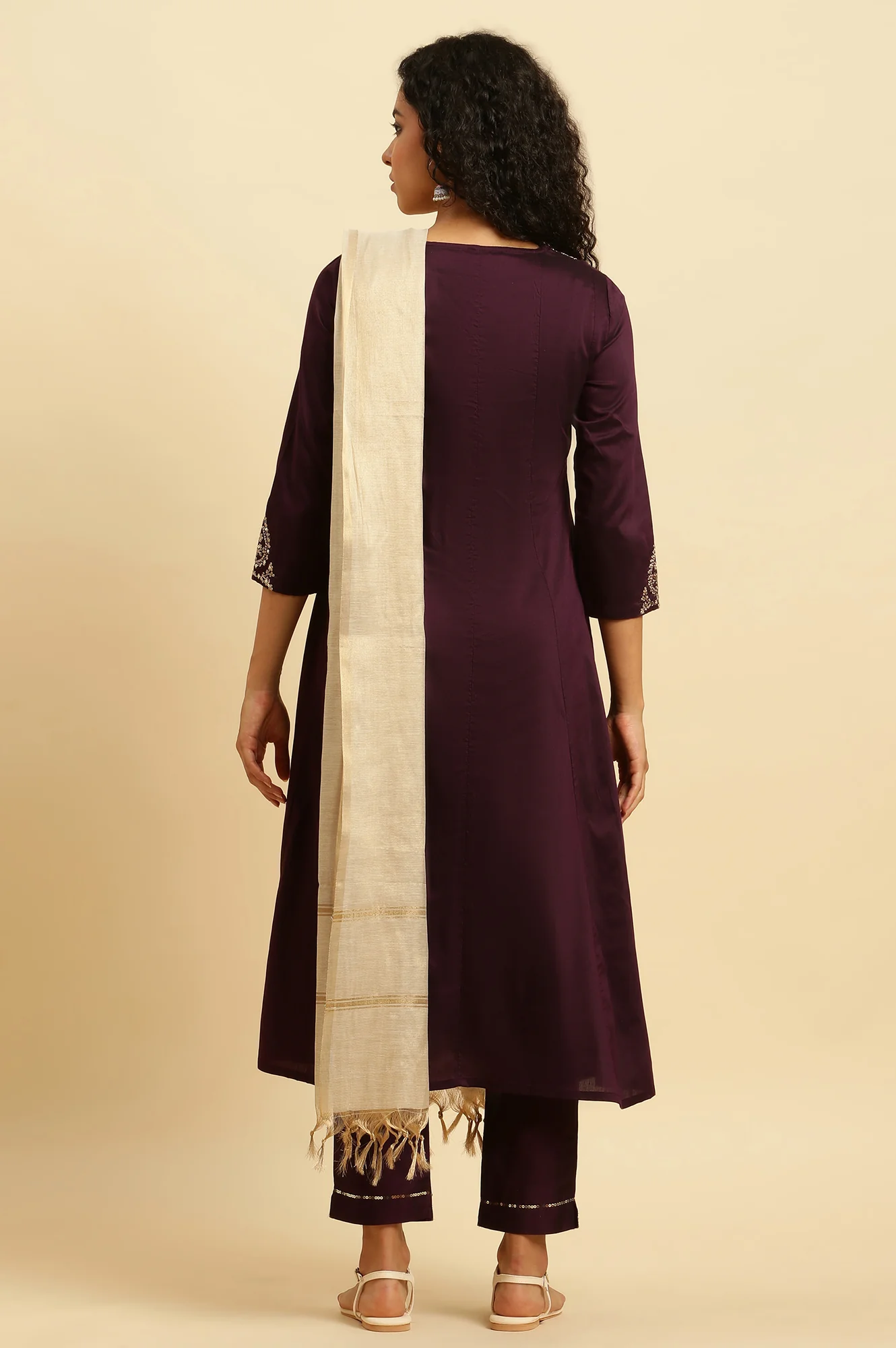 Purple Panelled Embroidered Kurta, Slim Pants And Dupatta Set - Image 3