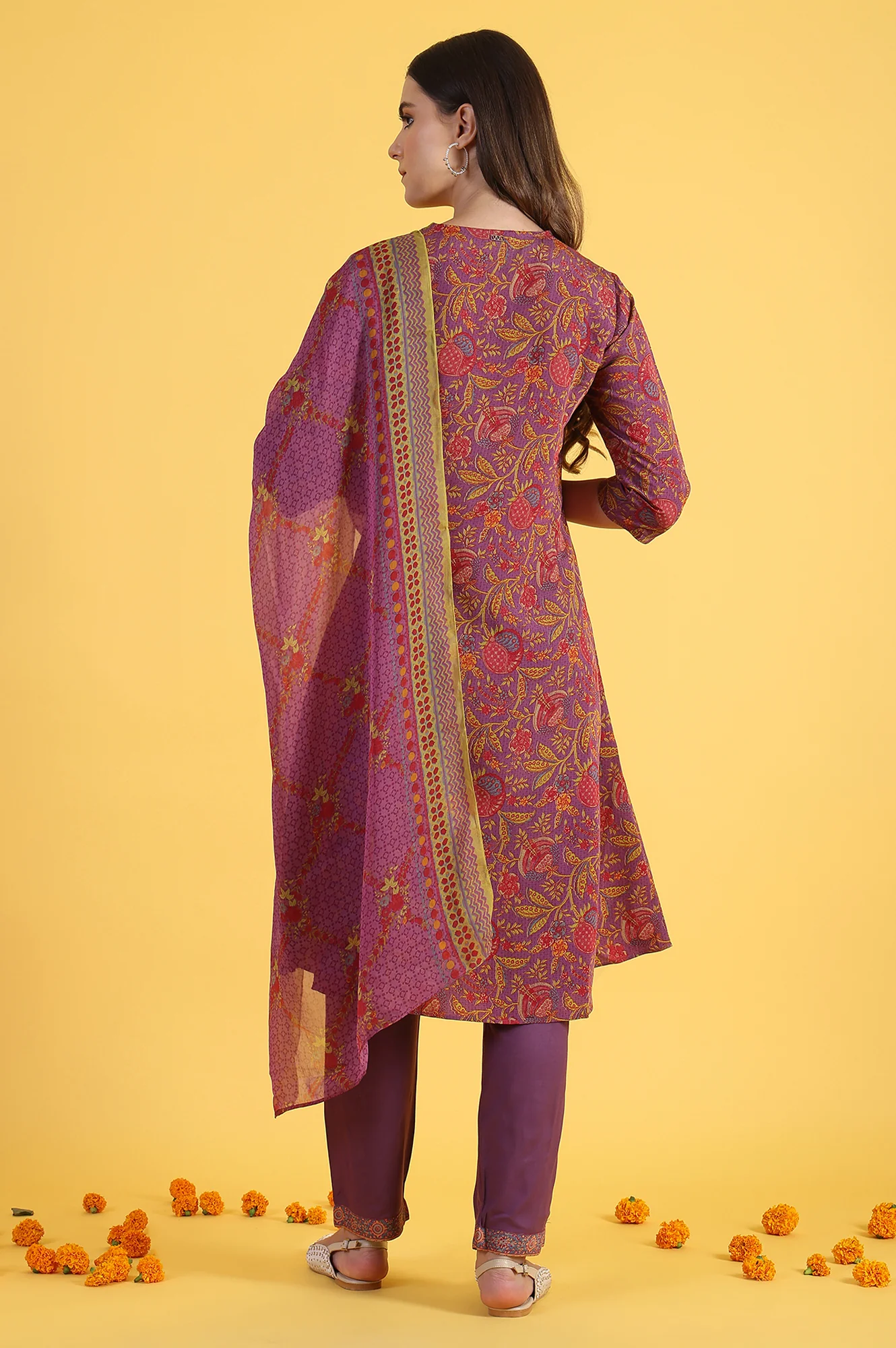 Purple Printed Flarred A-Line Kurta & Straight pant with Dupatta Set - Image 5