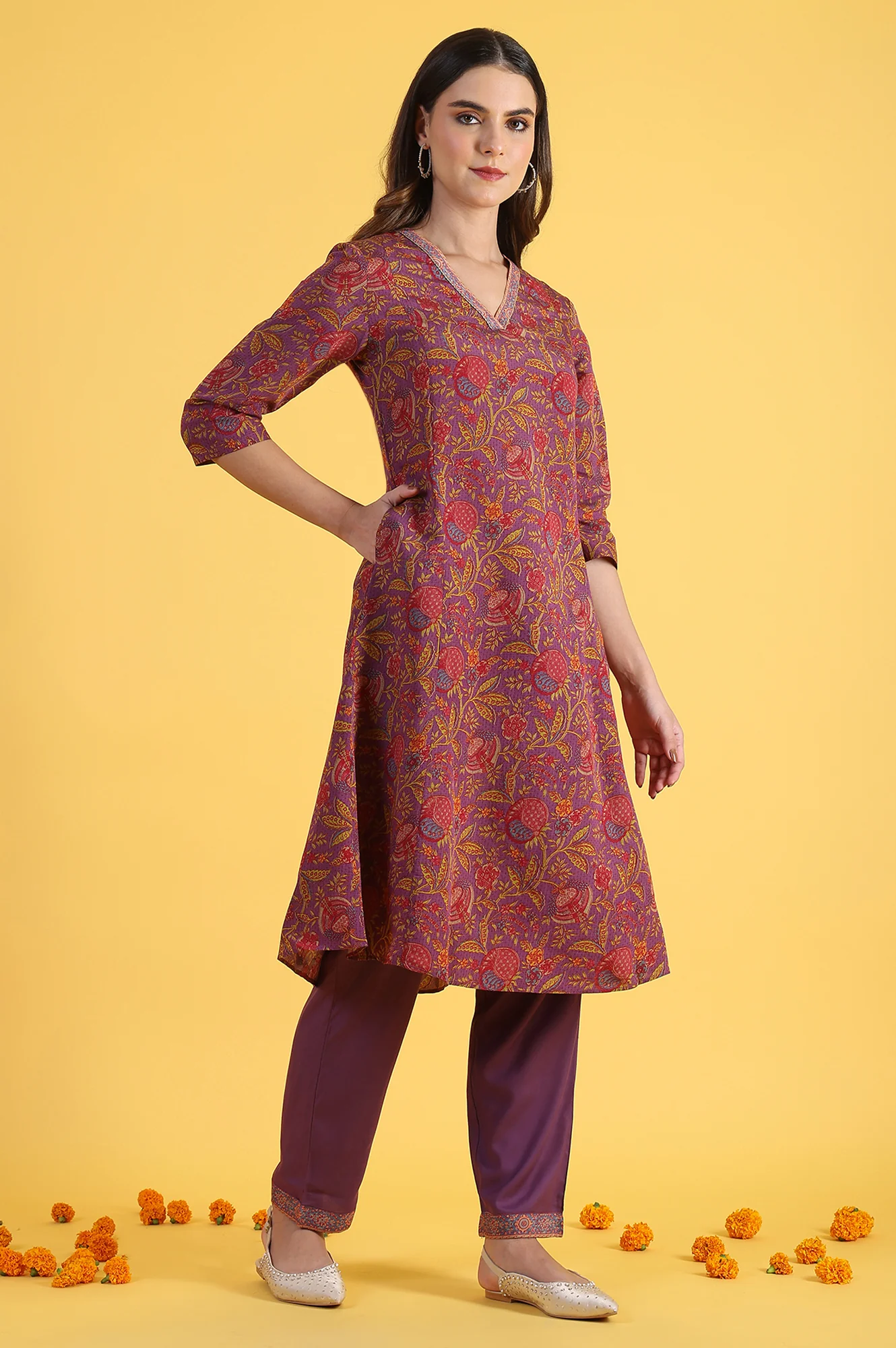 Purple Printed Flarred A-Line Kurta & Straight pant with Dupatta Set - Image 6