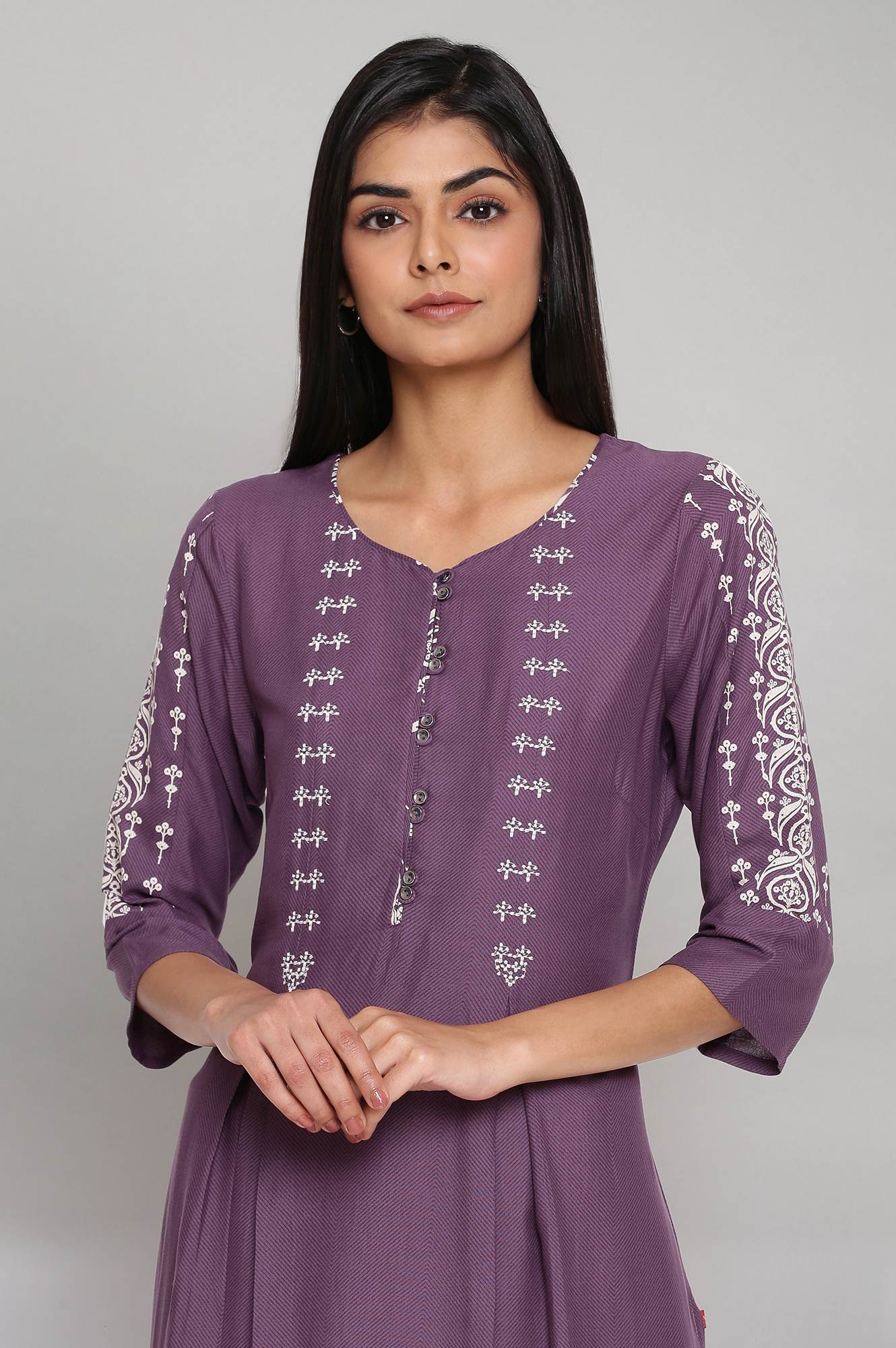 Purple Printed kurta with Embroidery - Image 5