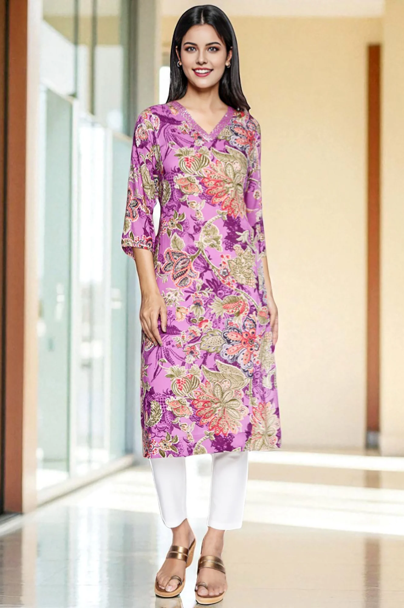 Purple Printed Modal A-line Kurta - Image 2