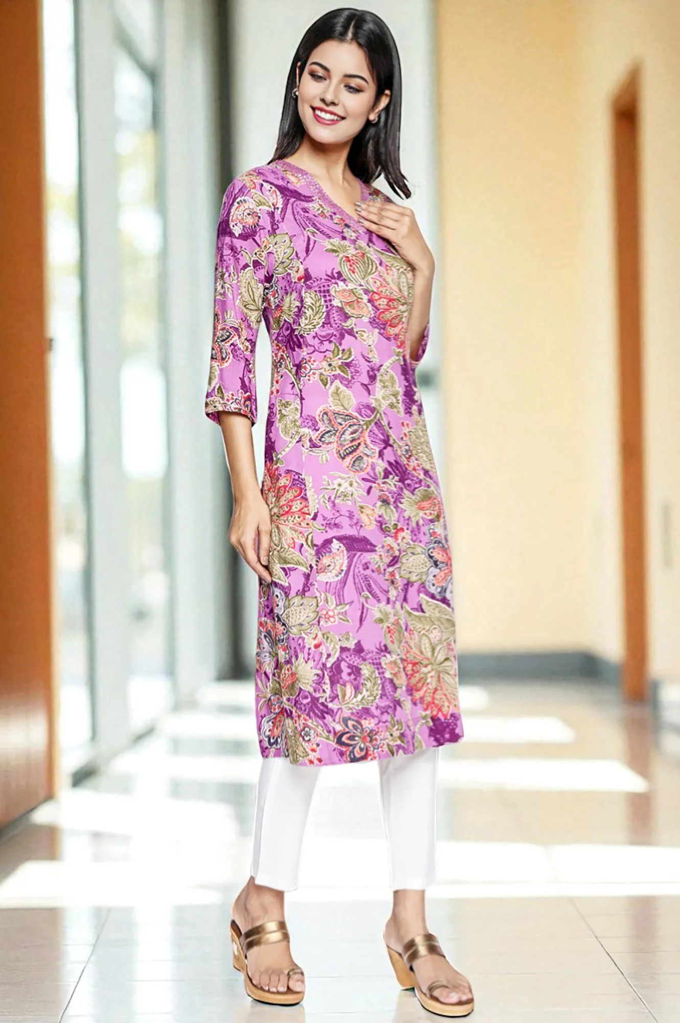 Purple Printed Modal A-line Kurta - Image 6