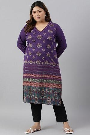 Purple Printed Winter Plus Size kurta - Image 6