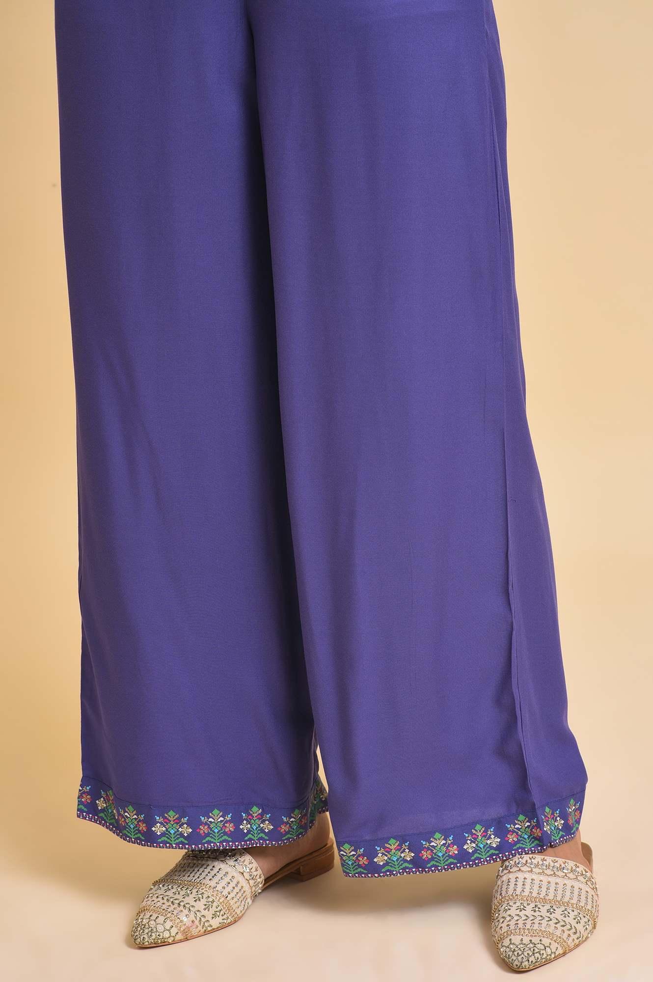 Purple Rayon Embroidered Parallel Pants - Image 8