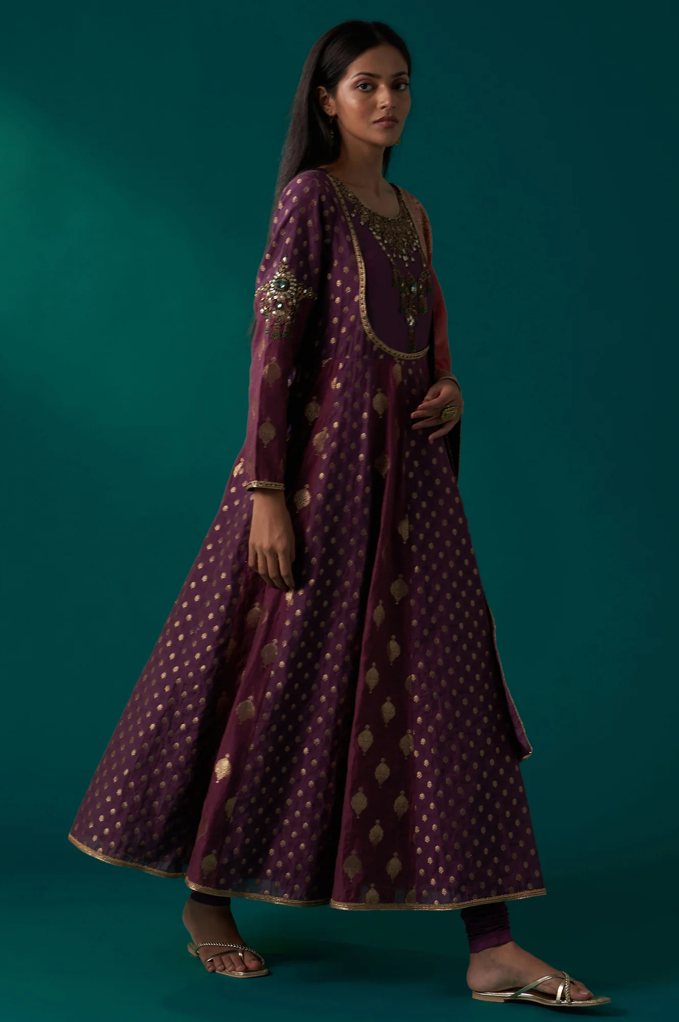 Purple Zari Embroidered Chanderi Jacquard Anarkali Kurta with Churidar and Dupatta Set - Image 6
