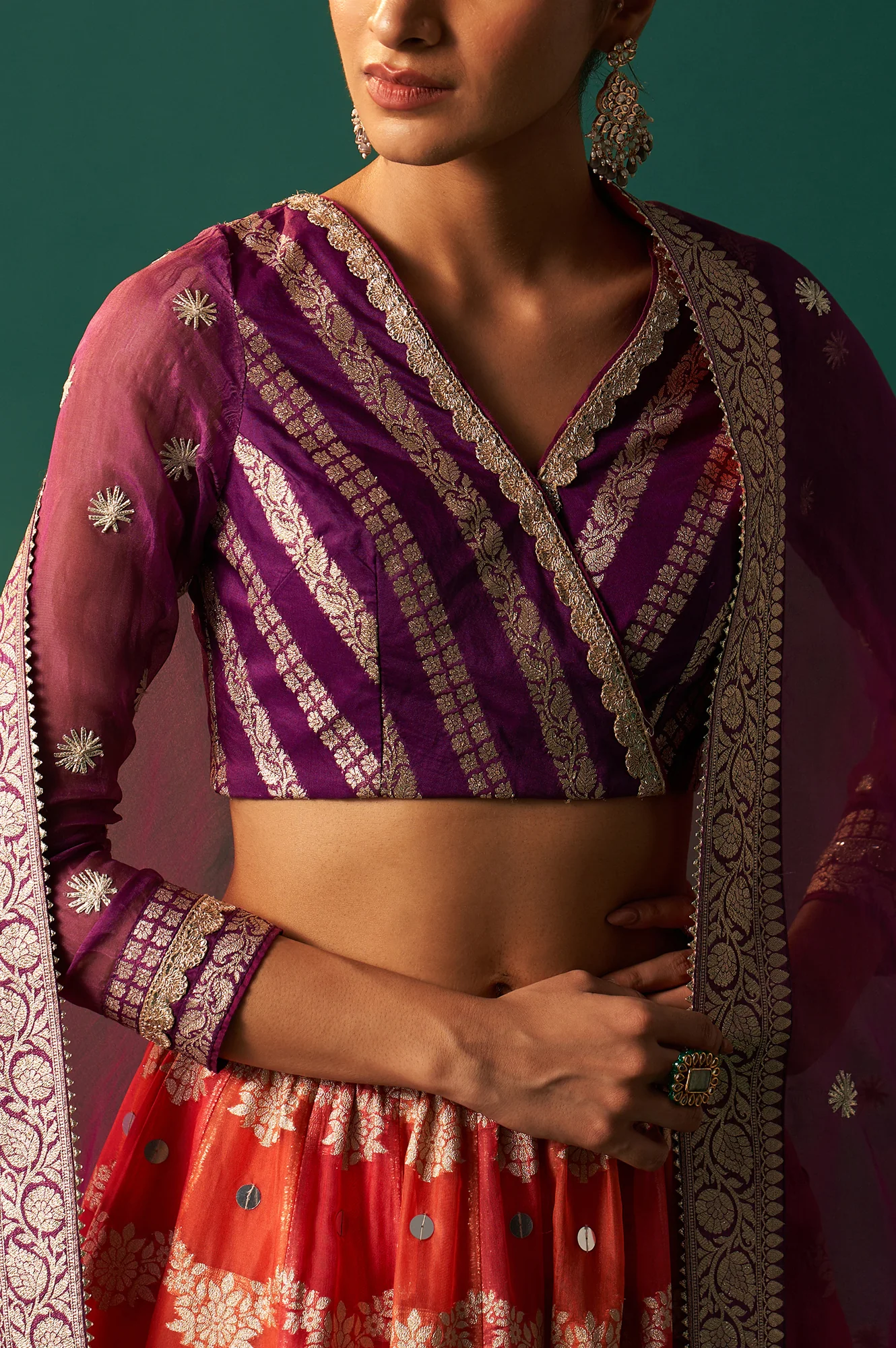 Purple Zari Embroidered Jacquard Blouse with Flared Skirt and Dupatta Set - Image 4
