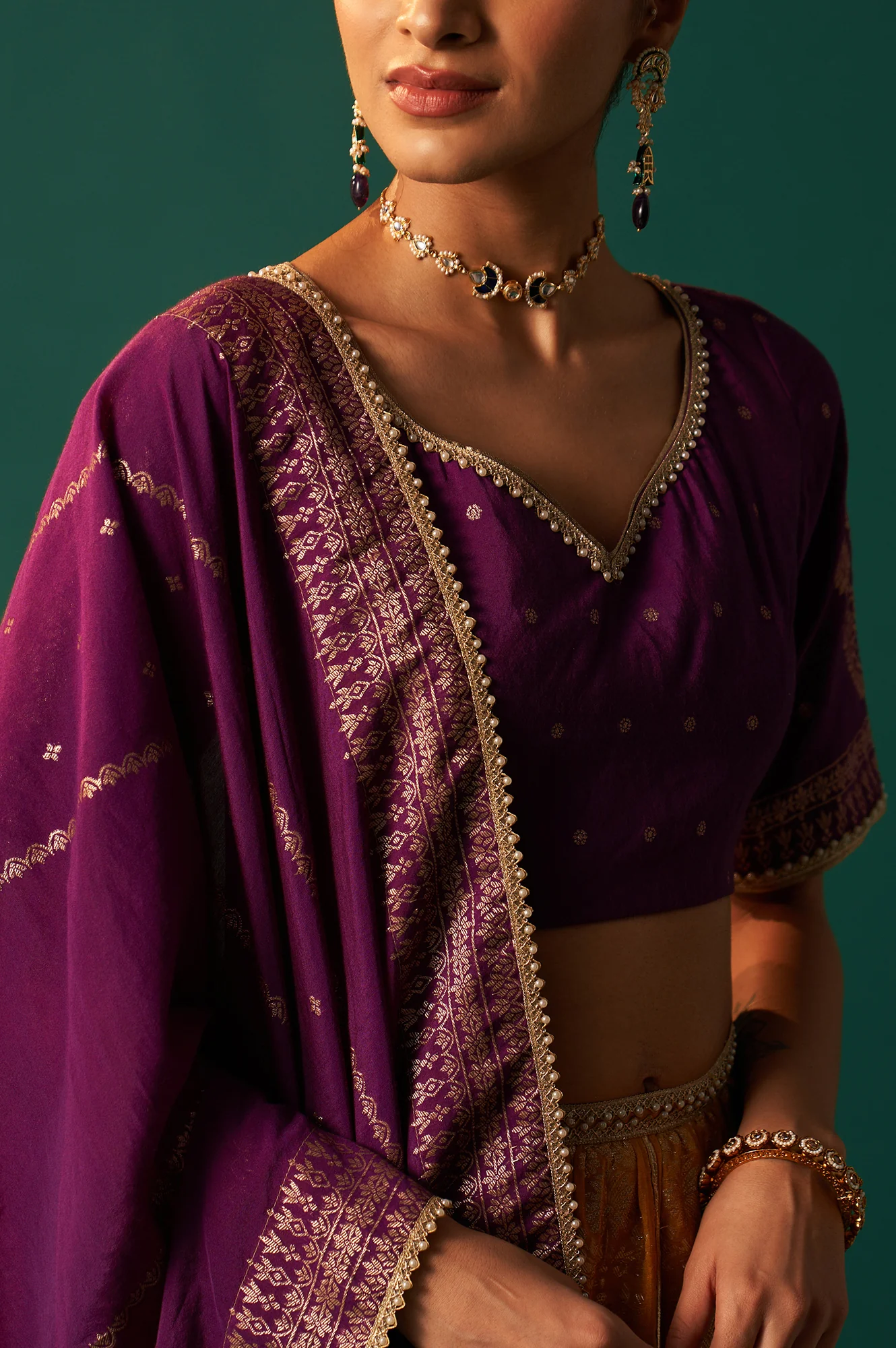 Purple Embroidered Chanderi Jacquard Blouse with Flared Skirt and Dupatta Set - Image 3