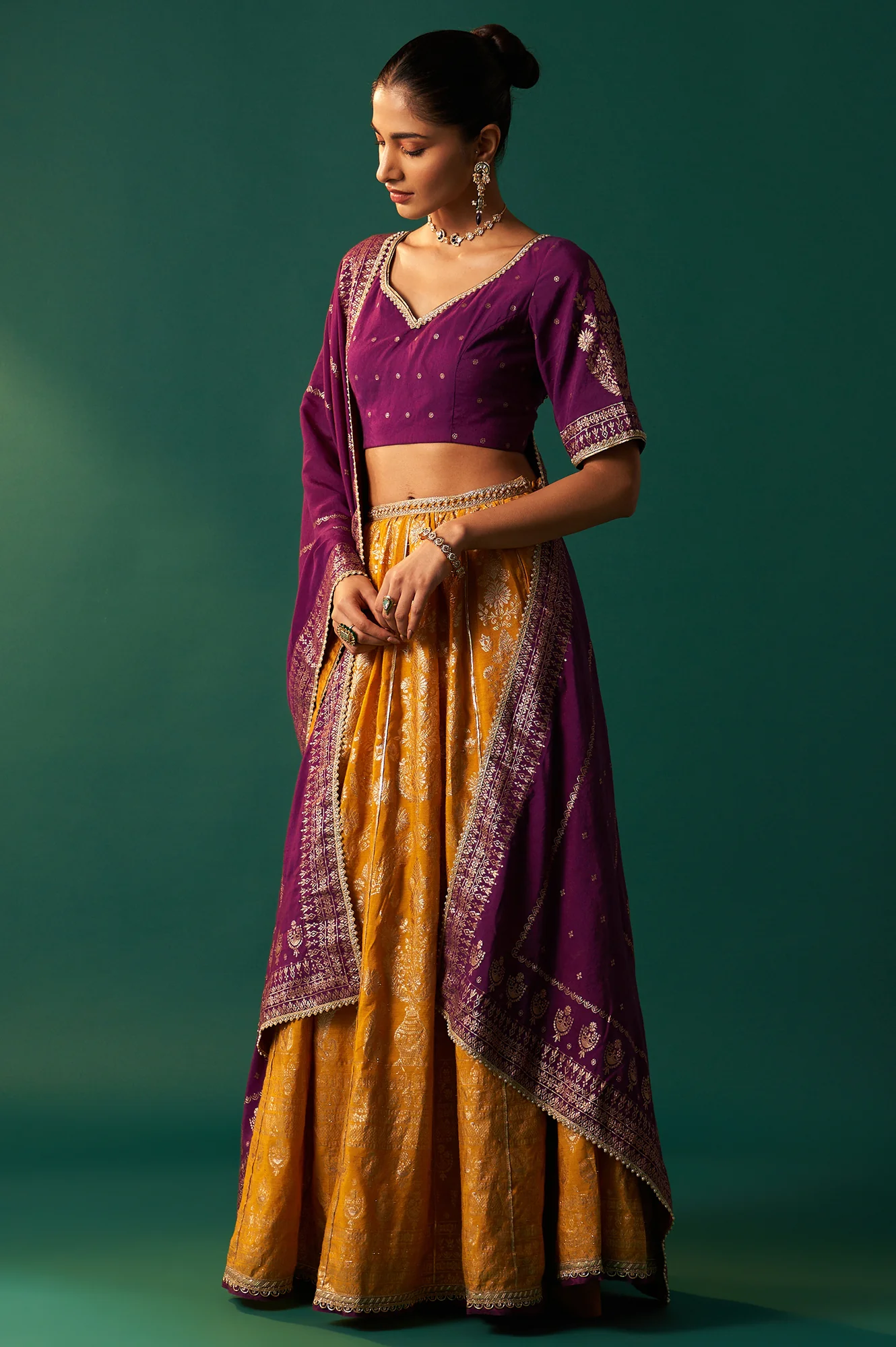 Purple Embroidered Chanderi Jacquard Blouse with Flared Skirt and Dupatta Set - Image 4